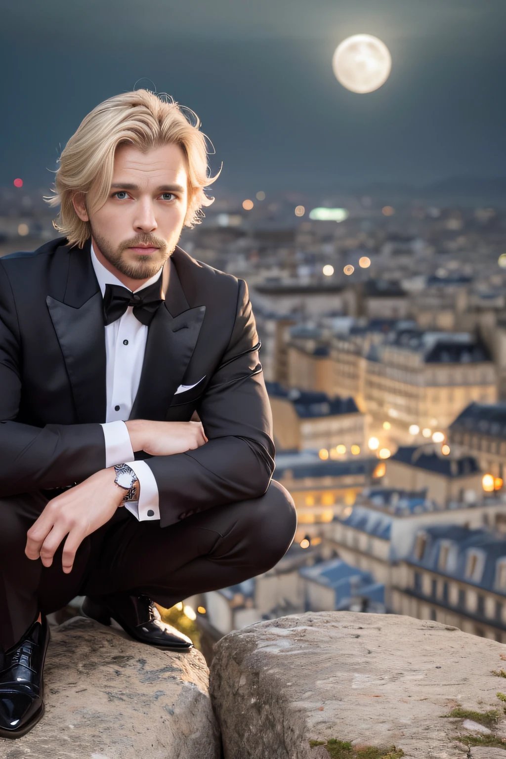 work of art. Portrait of a handsome man with (blond) hair. Dressed in (black tuxedo). At night with moon llena.de foot on a rock over beautiful views of Paris. Photorealistic, Hyperdetailed,High Quality,8K
