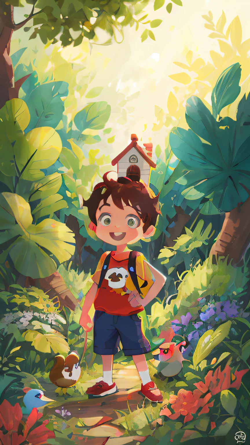 cartoon boy with a backpack and a birdhouse in a forest, Arte infantil em Artstation, kids book illustration, colorful kids book illustration, arte digital detalhada bonito, adorable digital painting, kids book illustration, arte conceitual do solteiro, inspirado em Goro Fujita, kids book illustration, childrens book illustration, children's book illustration, mobile game art, 2D illustration --auto