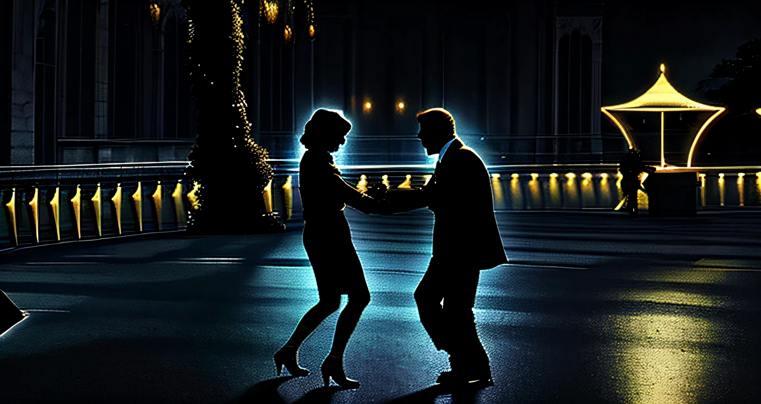 there are two people that are walking together in the street, still from l'estate, dance scene, by Sergio Burzi, from a movie scene, classic film noir scene, 『Sprizia』Scenes of, classic bond iconic shot, noir film still, old movie scene, still from a terence malik film, noir movie scene, vintage noir, couple dancing
