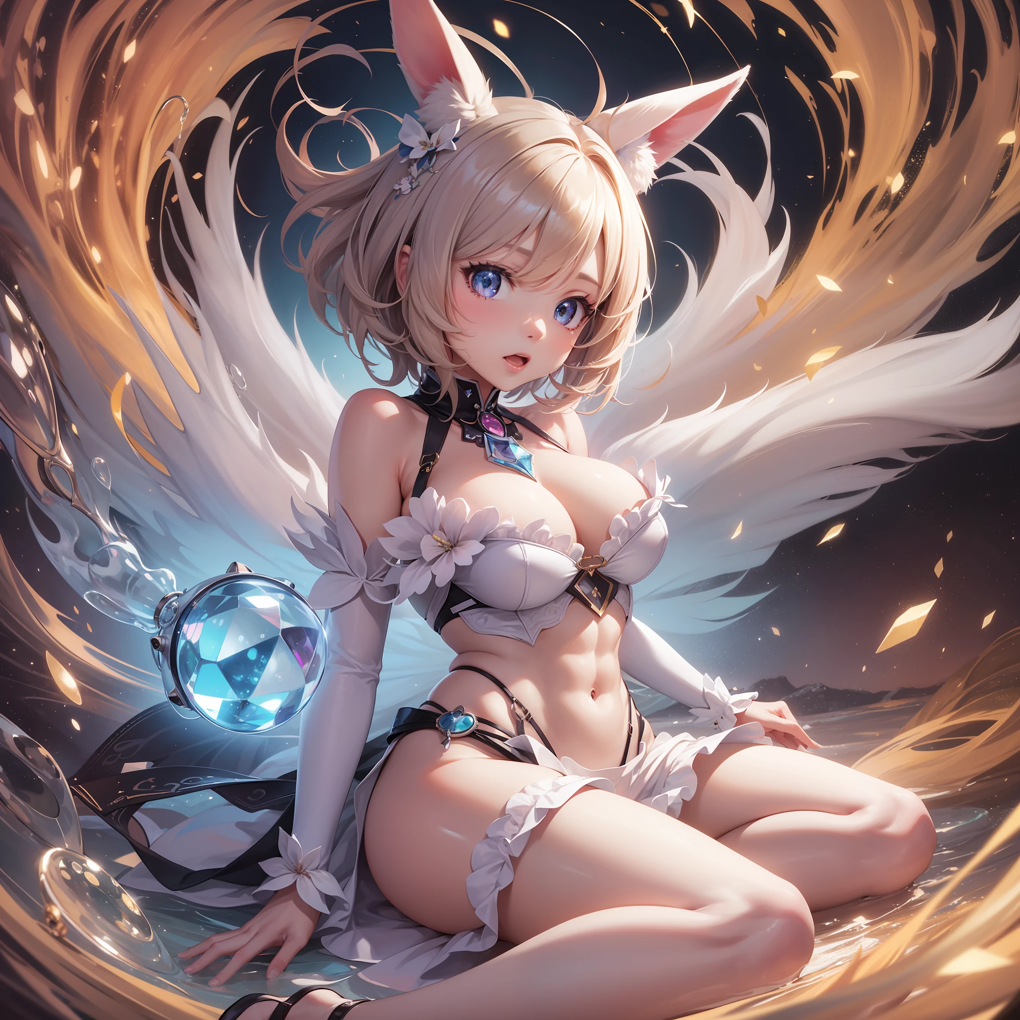 very cute girls, white bunnygirl cosplay, big round fluffy tail, tattooed, light brown wavy short hair, sparkling red big eyes, ABS, great proportion, A full-body shot, background kaleidoscope, 、the anime、, illustration, Fantasia, portrait、, animification, HI-RES, Max Quality, extremely high image quality, An ultra-detailliert, The ultra-realistice, photot-REALISTIC