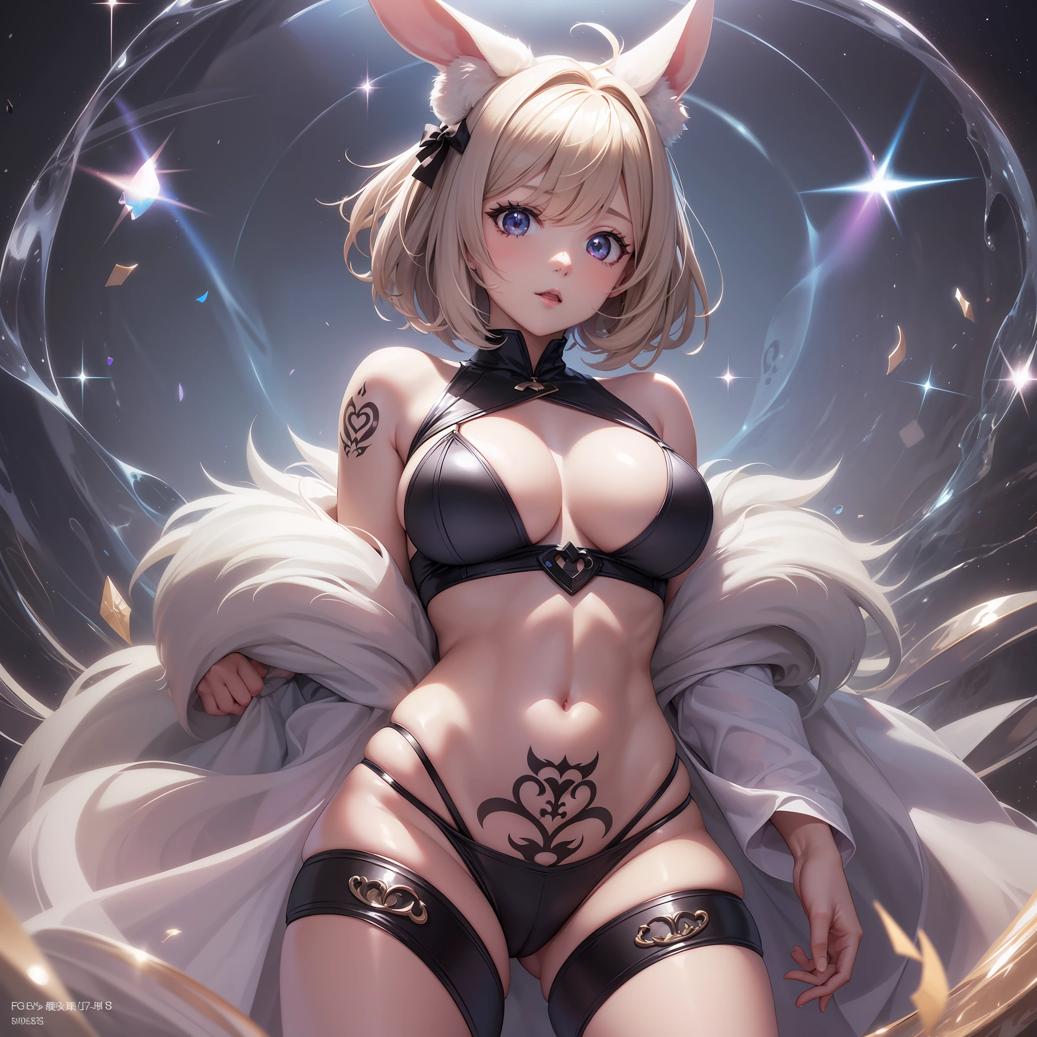 very cute girls, white bunnygirl cosplay, big round fluffy tail, tattooed, light brown wavy short hair, sparkling red big eyes, ABS, great proportion, A full-body shot, background kaleidoscope, 、the anime、, illustration, Fantasia, portrait、, animification, HI-RES, Max Quality, extremely high image quality, An ultra-detailliert, The ultra-realistice, photot-REALISTIC