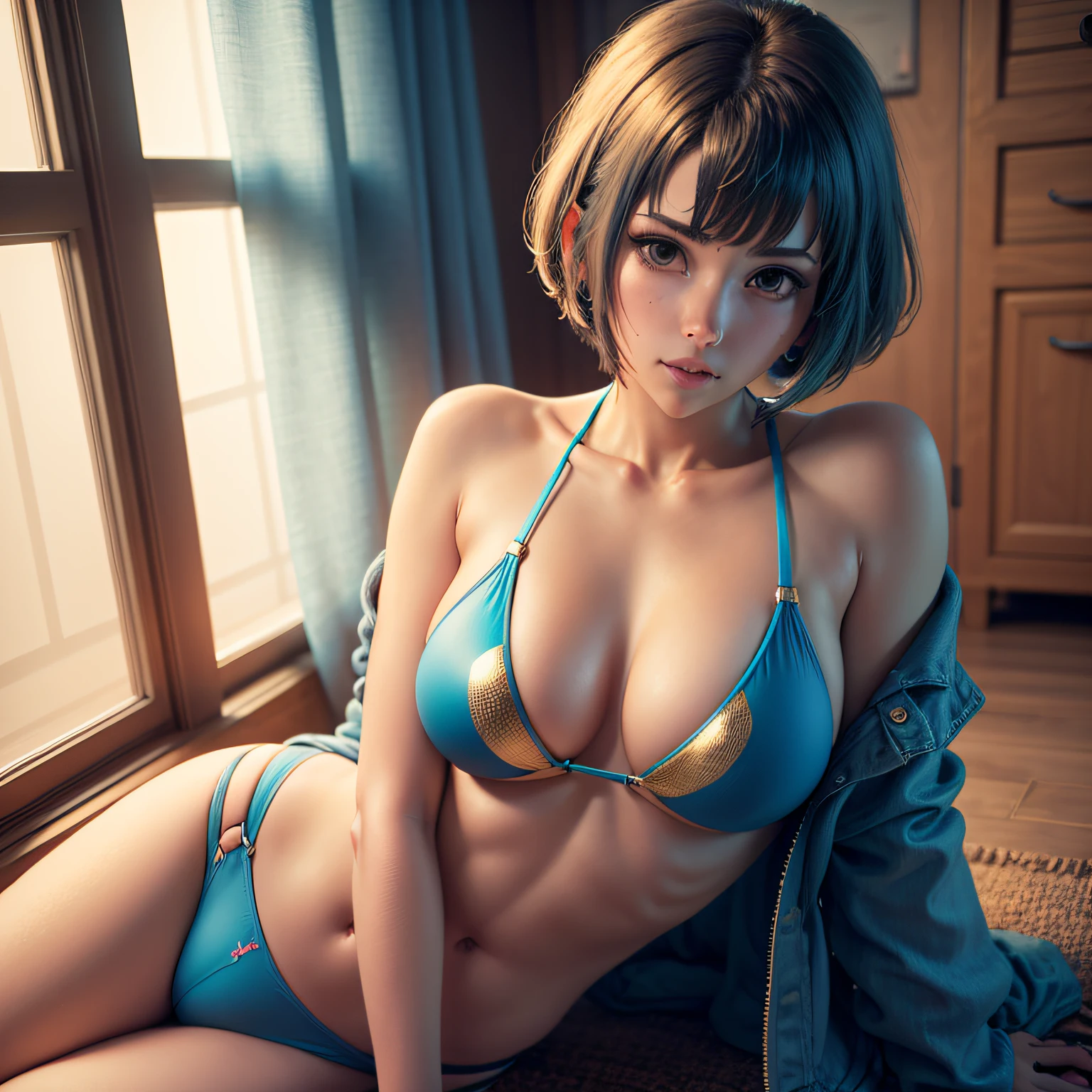 Anime - Style woman in a golden bikini sitting on the floor in front of a window, American face, Muscular, big ass, showing ass on all fours, seductive anime girl, Motoko Kusanagi, Ilya Kuvshinov. 4 mil, ghost in shell art style, cyberpunk oppai, Ghost without shell, realistic bikini, female cyberpunk anime girl, photorealistic anime girl render, 3 d realistic anime --auto