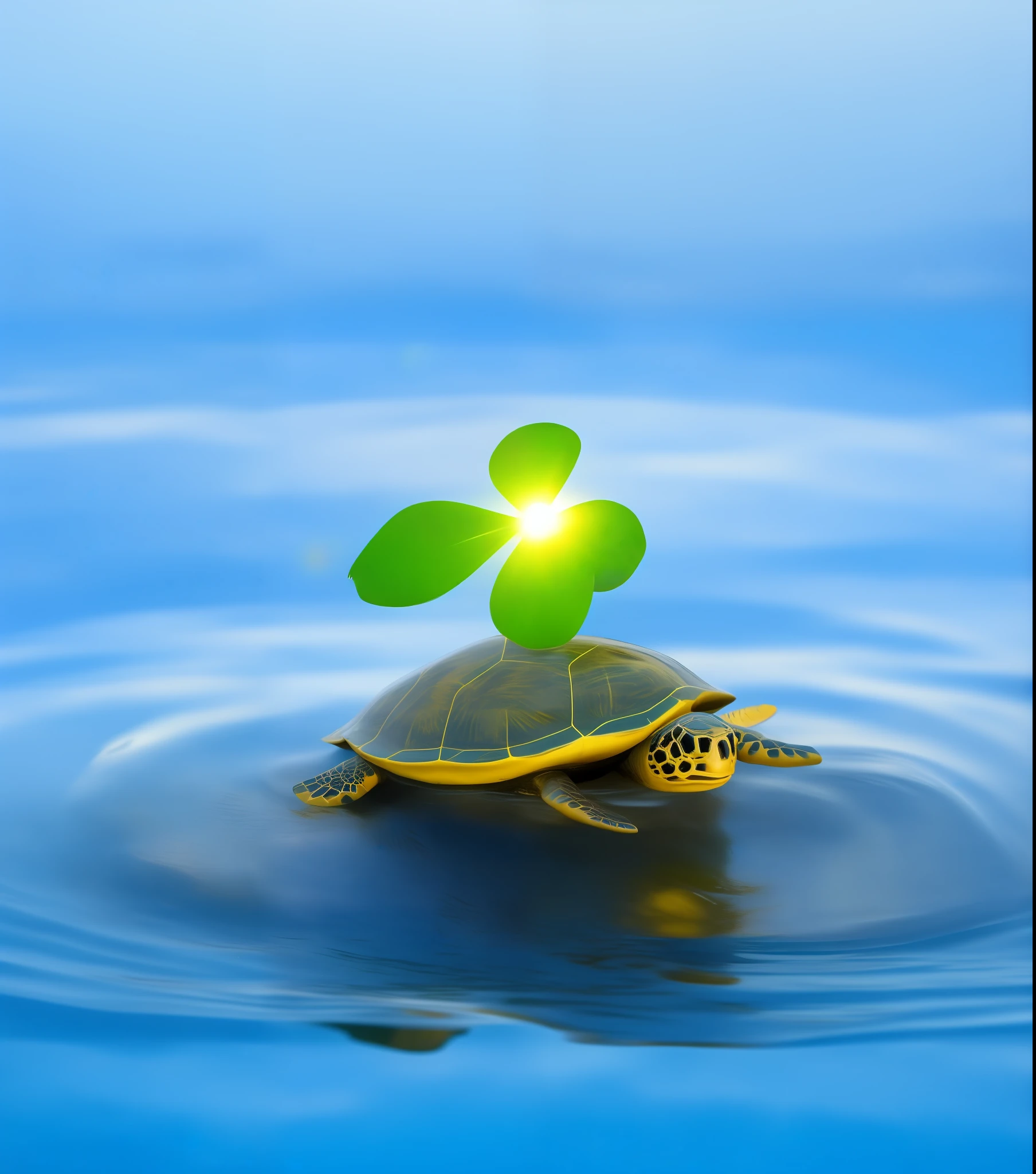 A cute little turtle，It carries a tiny house on its back，The house shines with brilliant light，The little turtle was very happy，The river beneath it is so clear，Water plants rejoice，adorableness，Dreamlike