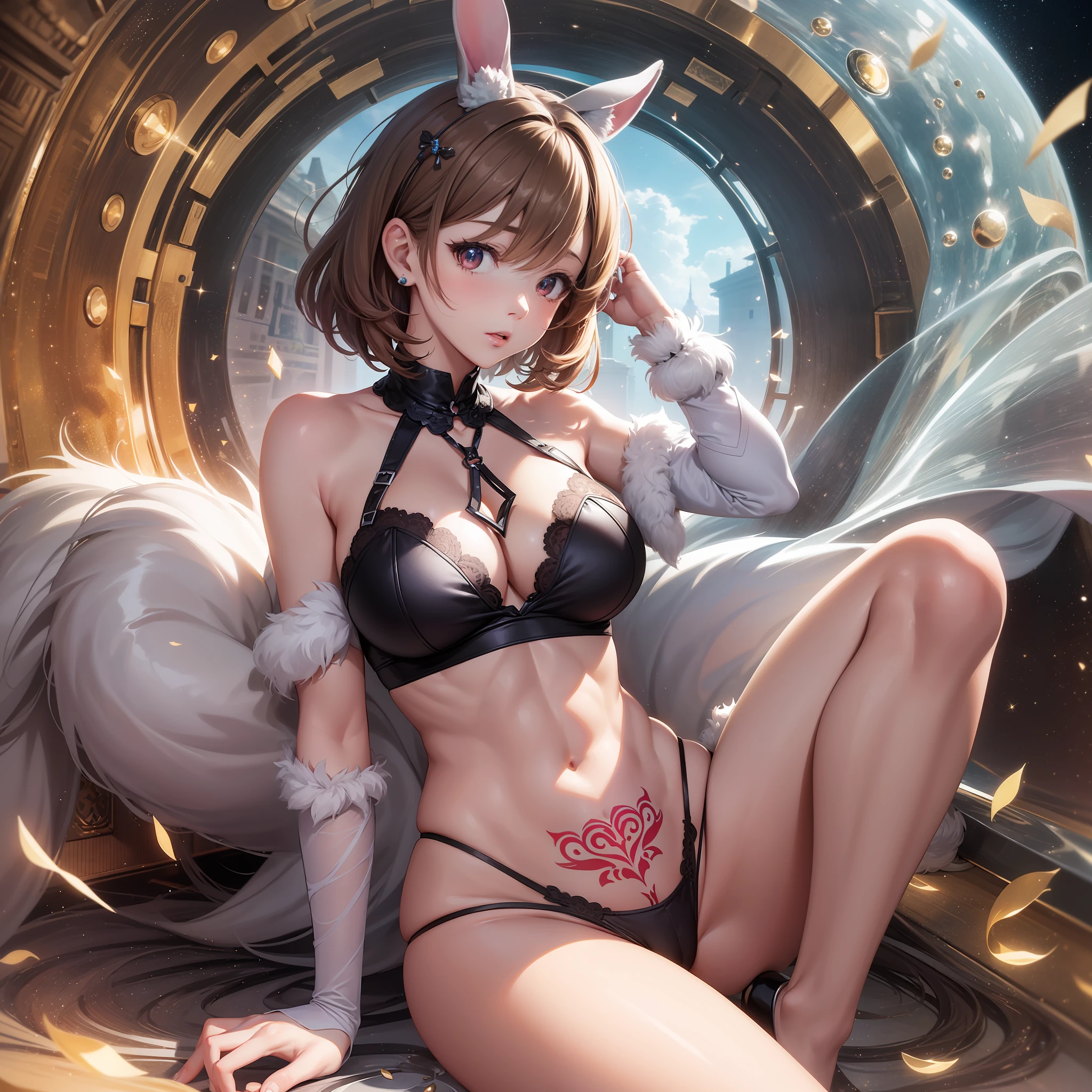 very cute girls, white bunnygirl cosplay, big round fluffy tail, tattooed, light brown wavy short hair, sparkling red big eyes, ABS, great proportion, A full-body shot, background kaleidoscope, 、the anime、, illustration, Fantasia, portrait、, animification, HI-RES, Max Quality, extremely high image quality, An ultra-detailliert, The ultra-realistice, photot-REALISTIC
