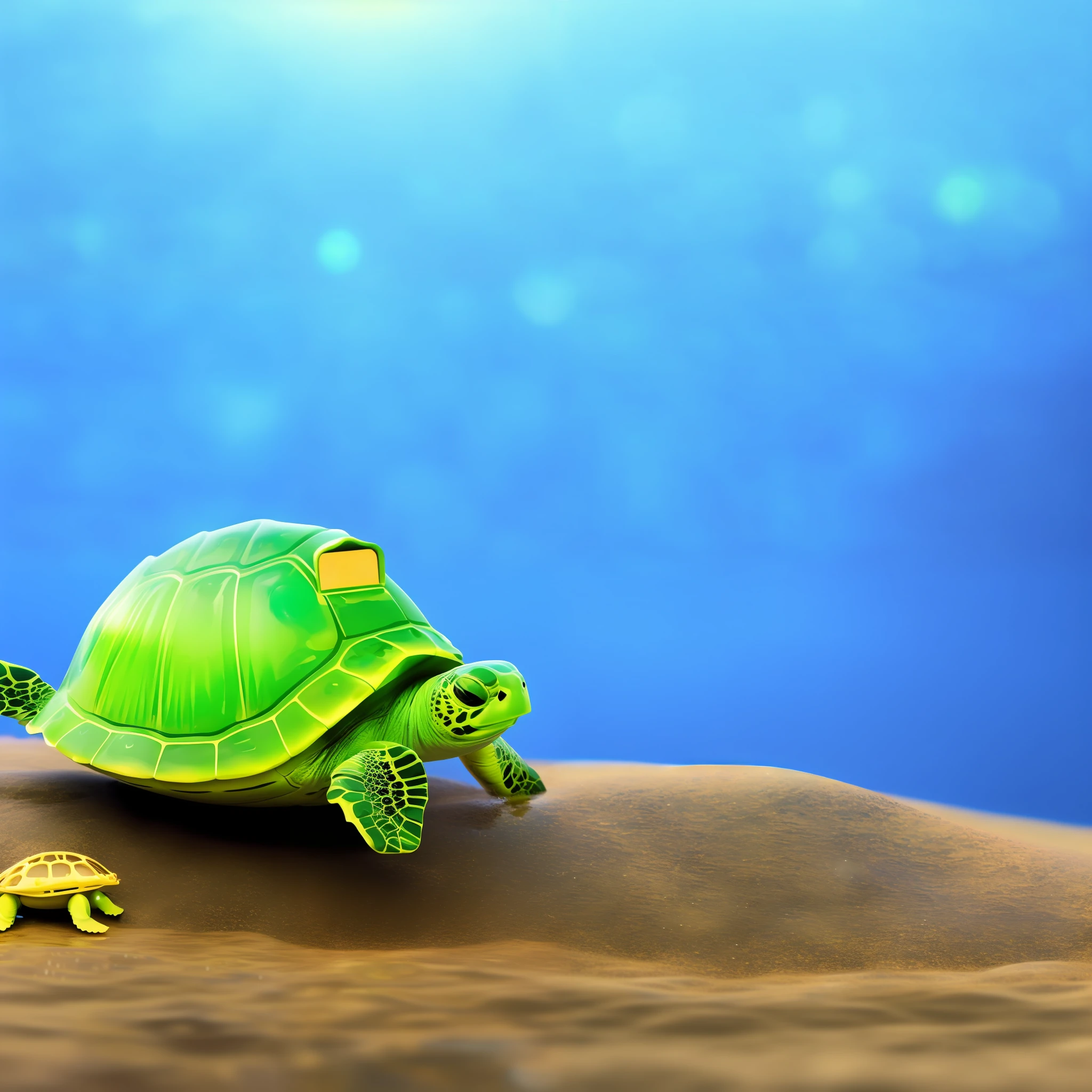 A cute little turtle,It carries a tiny house on its back,The house shines with brilliant light,The little turtle was very happy,The river beneath it is so clear,Water plants rejoice,adorableness,Dreamlike