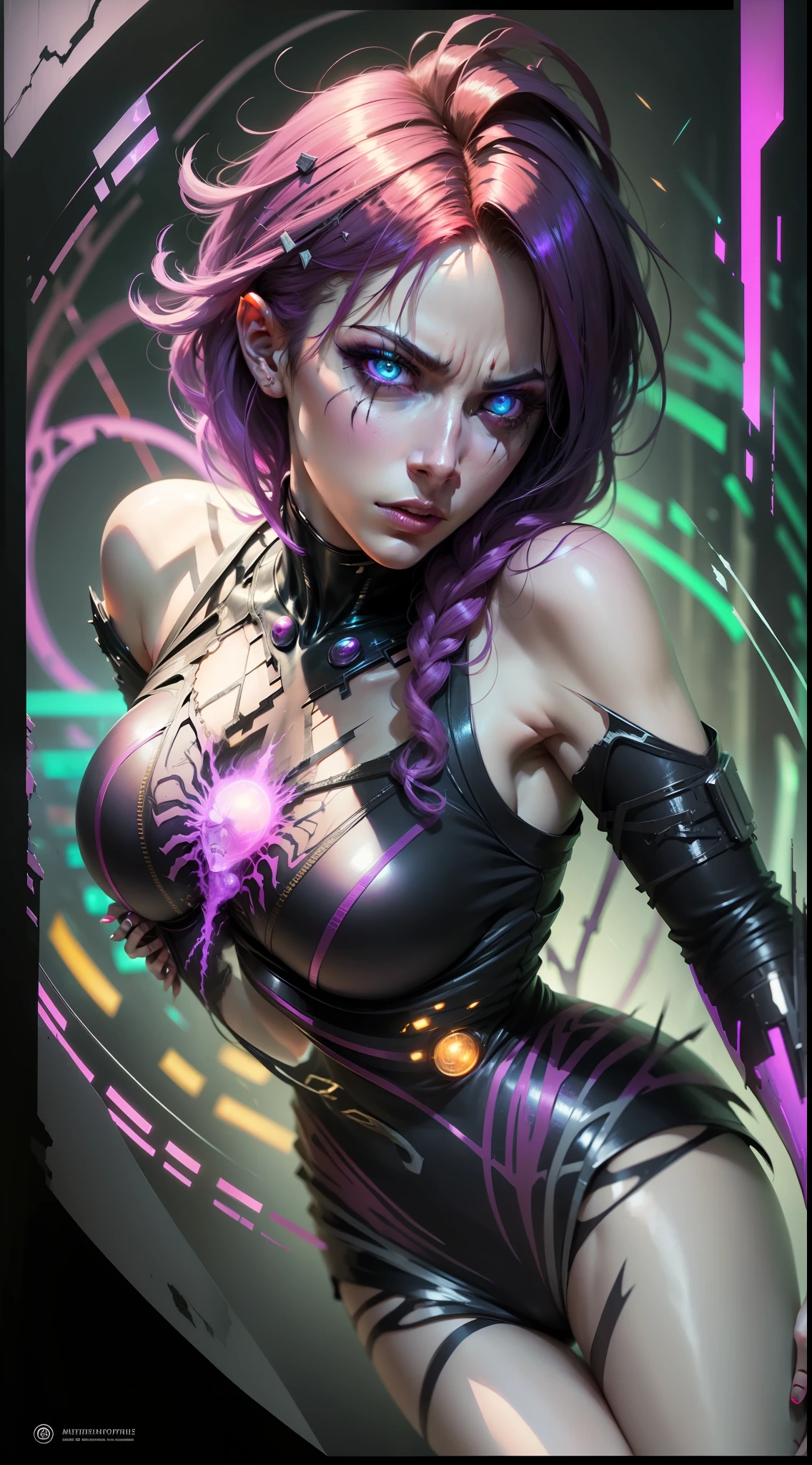 Urban woman in Spider-Man tights, regular breasts, Cyberpunk Style, Neon background, Real face, multicolored hair, evil, despair, expressionless eyes, Ultra-Wide Angle, cinematic lighting, glowing light, from above, best quality, super detail, masterpiece, anatomically correct, 8k