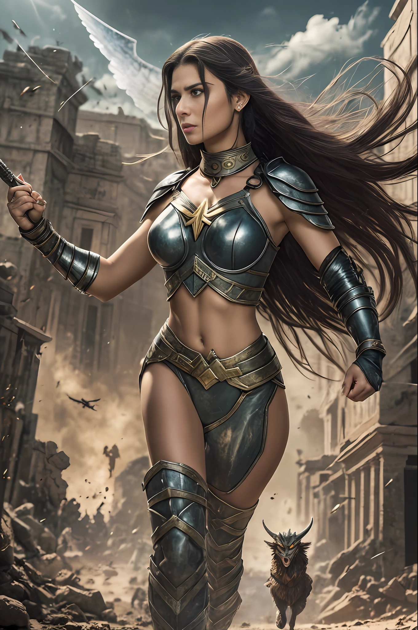 Mulher-Maravilha, a poderosa guerreira amazona, encontra-if faced with an epic challenge that will test your mettle, habilidades de combate e sabedoria. In a world where peace is threatened by an ancient power-hungry deity, a Mulher-Wonder must face an army of mythical and demonic creatures that have been summoned to spread chaos. Your mission is to create an exciting and action-packed setting, no qual a Mulher-Wonder uses all her power and cunning to fight these dark forces. Describe an intense battle scene in which she faces several creatures at the same time, utilizando suas habilidades excepcionais, as its strength over-humana, agilidade, Indestructible bracelets and the iconic lasso of truth. Furthermore, enfatize a natureza inspiradora da Mulher-Maravilha, showing how she fights not just for victory, but also for justice and for the ideals they believe in. Highlight how her determination and compassion set her apart as a true hero, capaz de enfrentar qualquer desafio em nome da paz e da harmonia. Lembre-se de incluir detalhes visuais impressionantes, captivating dialogue and suspenseful moments, creating a gripping climax that demonstrates the Woman's incredible fighting ability and heroism-Maravilha. --auto --s2