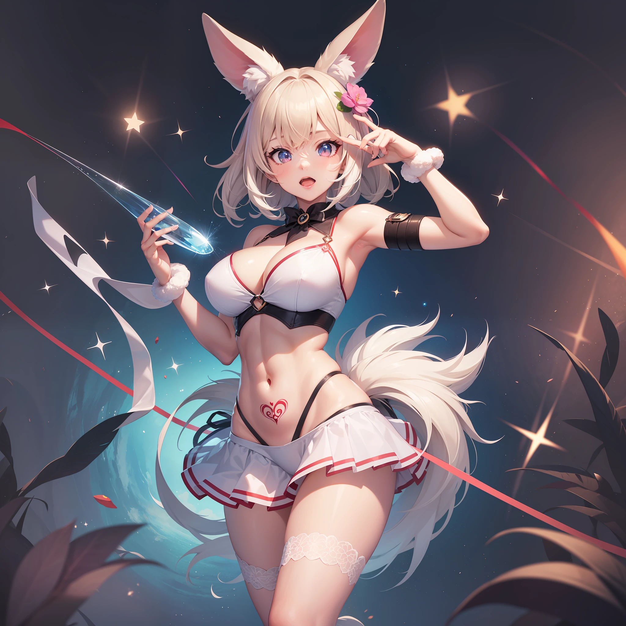 very cute girls, white bunnygirl cosplay, big round fluffy tail, tattooed, light brown wavy short hair, sparkling red big eyes, ABS, great proportion, A full-body shot, background kaleidoscope, 、the anime、, illustration, Fantasia, portrait、, animification, HI-RES, Max Quality, extremely high image quality, An ultra-detailliert, The ultra-realistice, photot-REALISTIC