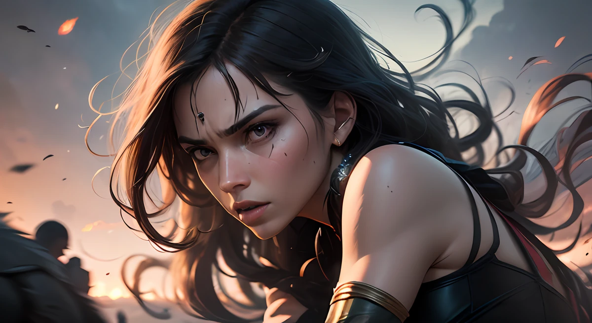 Mulher-Maravilha, a poderosa guerreira amazona, encontra-if faced with an epic challenge that will test your mettle, habilidades de combate e sabedoria. In a world where peace is threatened by an ancient power-hungry deity, a Mulher-Wonder must face an army of mythical and demonic creatures that have been summoned to spread chaos. Your mission is to create an exciting and action-packed setting, no qual a Mulher-Wonder uses all her power and cunning to fight these dark forces. Describe an intense battle scene in which she faces several creatures at the same time, utilizando suas habilidades excepcionais, as its strength over-humana, agilidade, Indestructible bracelets and the iconic lasso of truth. Furthermore, enfatize a natureza inspiradora da Mulher-Maravilha, showing how she fights not just for victory, but also for justice and for the ideals they believe in. Highlight how her determination and compassion set her apart as a true hero, capaz de enfrentar qualquer desafio em nome da paz e da harmonia. Lembre-se de incluir detalhes visuais impressionantes, captivating dialogue and suspenseful moments, creating a gripping climax that demonstrates the Woman's incredible fighting ability and heroism-Maravilha. --auto --s2
