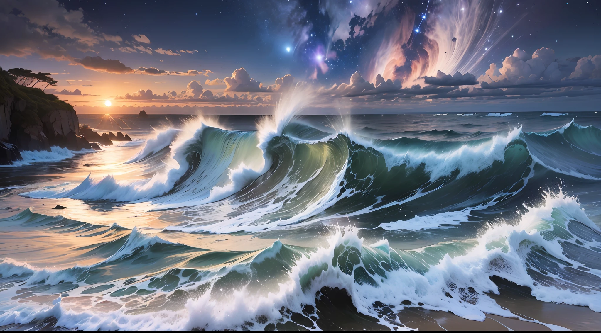 "The moonlit night is picturesque, the stars dot the sky, the waves crashing on the reef, and the waves dancing. The moonlight falls on the sea, illuminating the vast sea, the stars shining in the universe, beautiful and mysterious, perfect masterpieces, the finest details. "