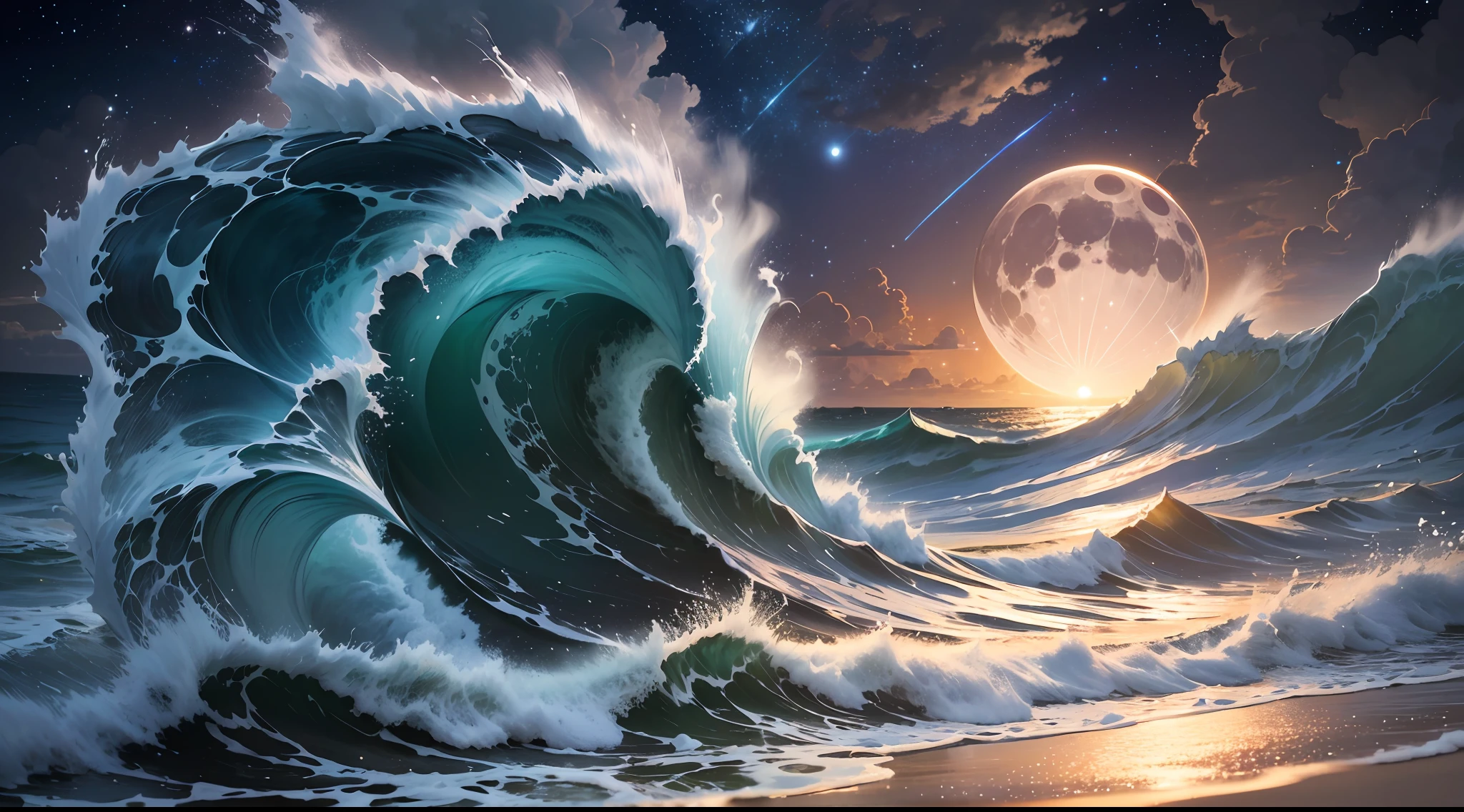 "The moonlit night is picturesque, the stars dot the sky, the waves crashing on the reef, and the waves dancing. The moonlight falls on the sea, illuminating the vast sea, the stars shining in the universe, beautiful and mysterious, perfect masterpieces, the finest details. "