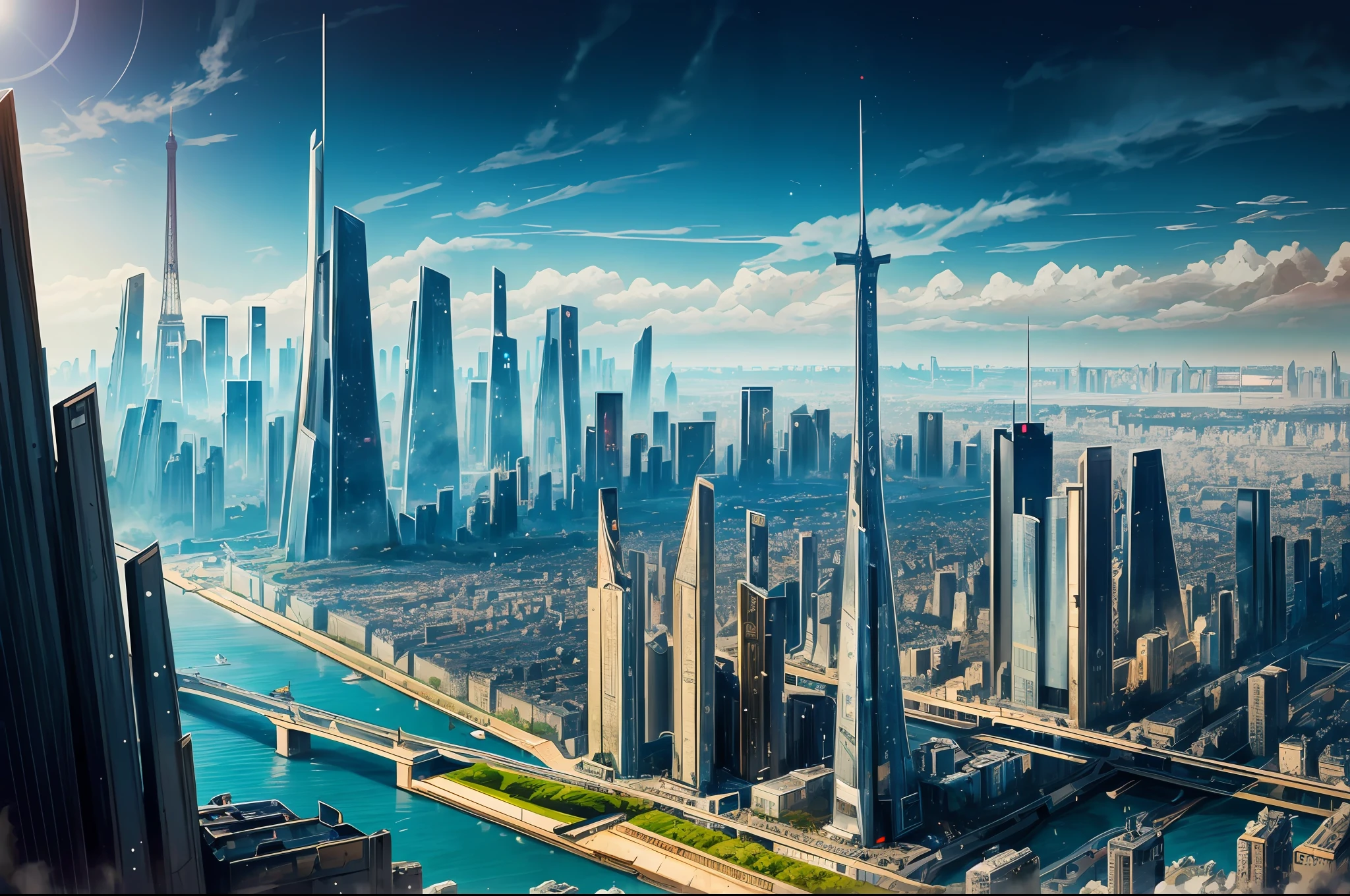 science fiction art, futuristic city of Paris