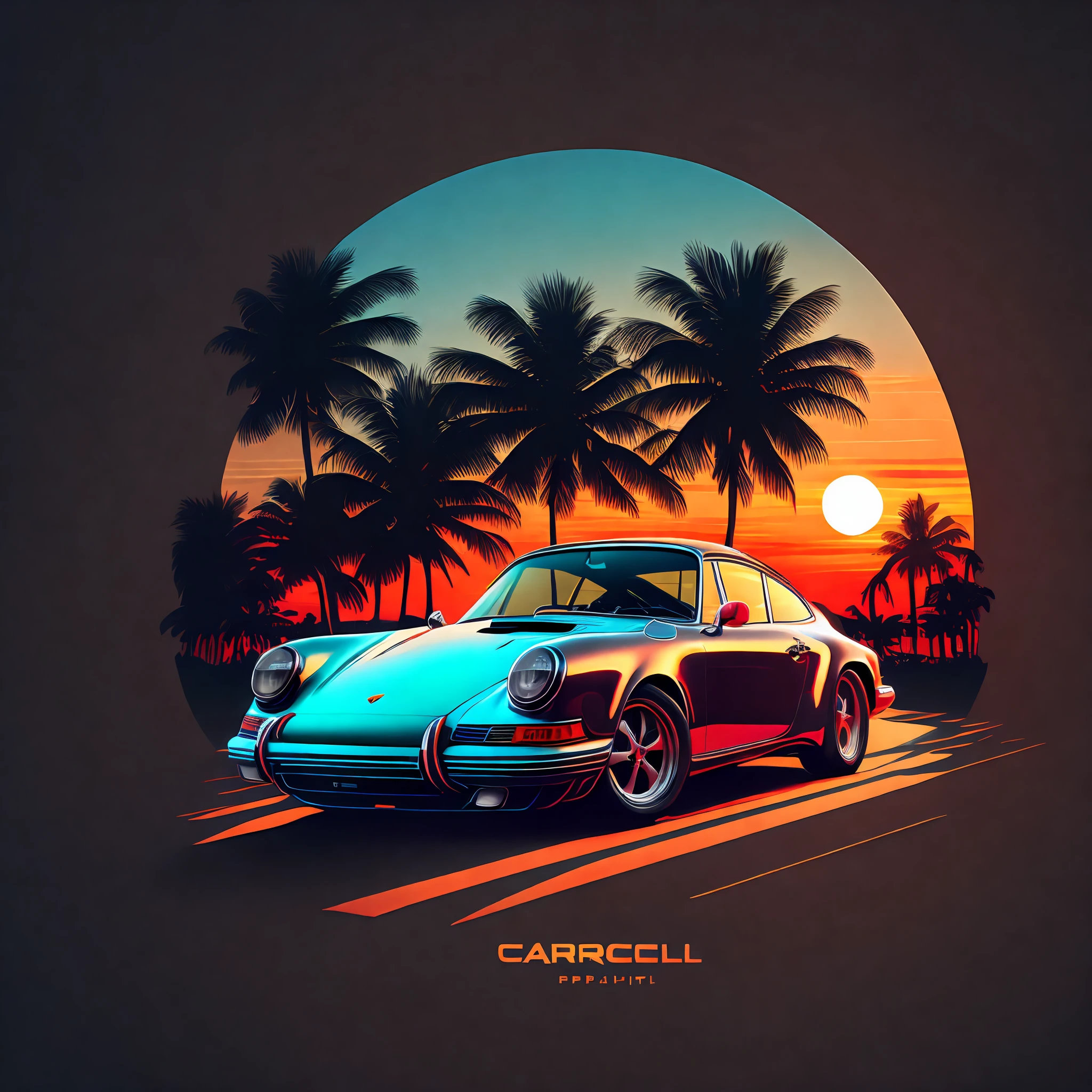 Artwork for t-shirt graphic design, a retro graphic design, Porsche 911 |, Miami Street, soft color of four colors, vintage pastel tone, highly detailed cleaning, vector image, realistic masterpiece, professional photography, realistic car, simple car sunrise background, flat black background, isometric, vibrant vector