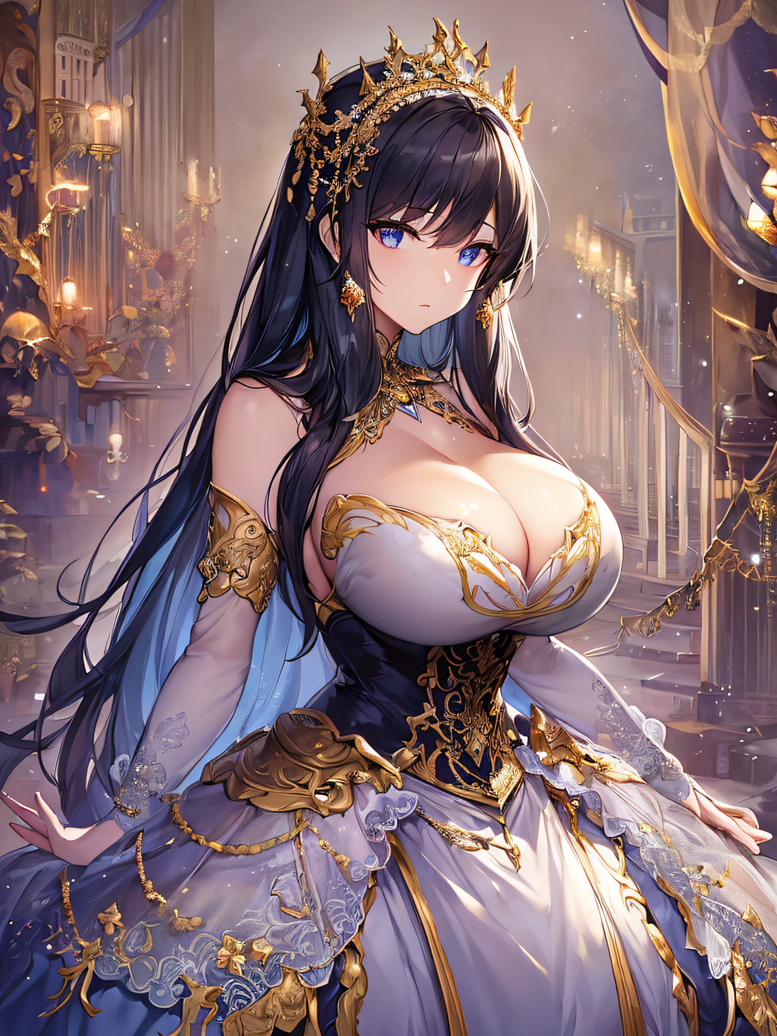 ((anime moe artstyle)),(Masterpiece),(Best Quality), (Super Detail),Illustration,((Very Delicate and Beautiful)),Focus on character,Dynamic Angle,Looking at viewer,(((Solo))),((Full body)),(((one gorgeous princess in ball gown with a voluminous skirt))),detailed face and eyes,jewel-like eyes,((Very Long Hair)),(gorgeous embroidery and lace),See-through,ornate ruffles,(gigantic breasts,Long breasts),(gorgeous ball gown with a voluminous skirt),