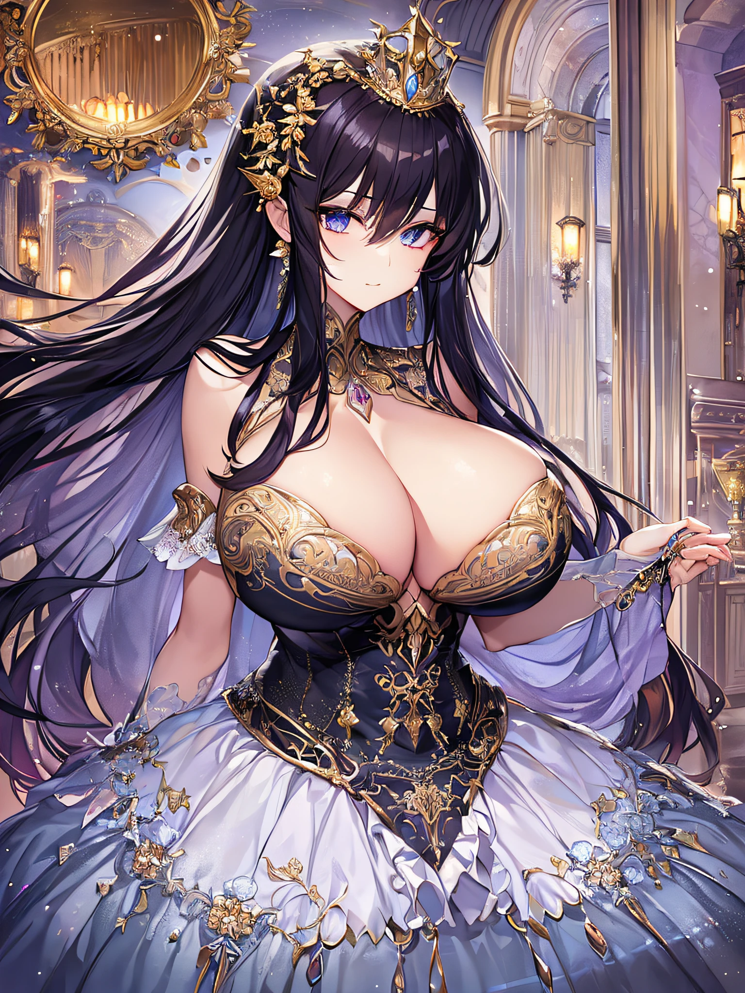 ((anime moe artstyle)),(Masterpiece),(Best Quality), (Super Detail),Illustration,((Very Delicate and Beautiful)),Focus on character,Dynamic Angle,Looking at viewer,(((Solo))),((Full body)),(((one gorgeous princess in ball gown with a voluminous skirt))),detailed face and eyes,jewel-like eyes,((Very Long Hair)),(gorgeous embroidery and lace),See-through,ornate ruffles,(gigantic breasts,Long breasts),(gorgeous ball gown with a voluminous skirt),