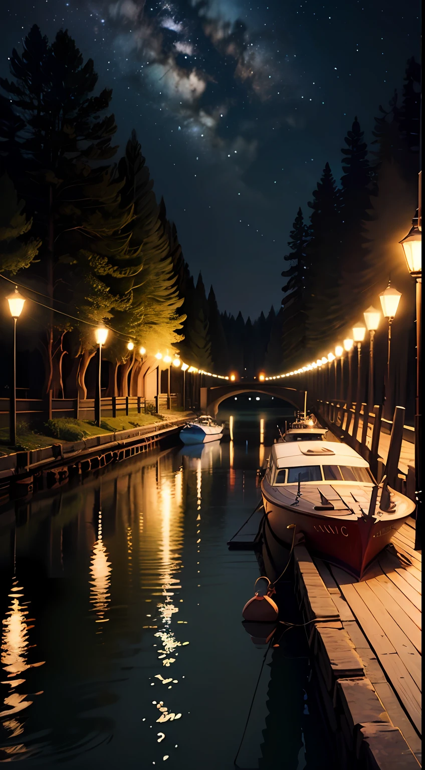 Rivers, woods, boats, night, lights --auto