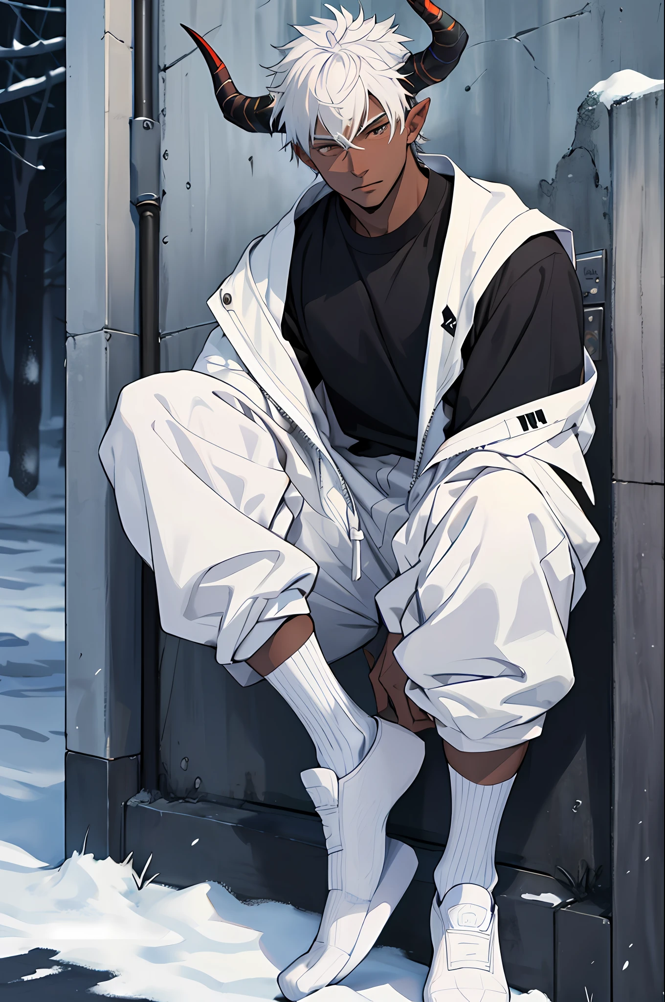 Draw an artistic, masterpiece, short white hair, horns on the head, dark skin and cold handsome boy in white socks