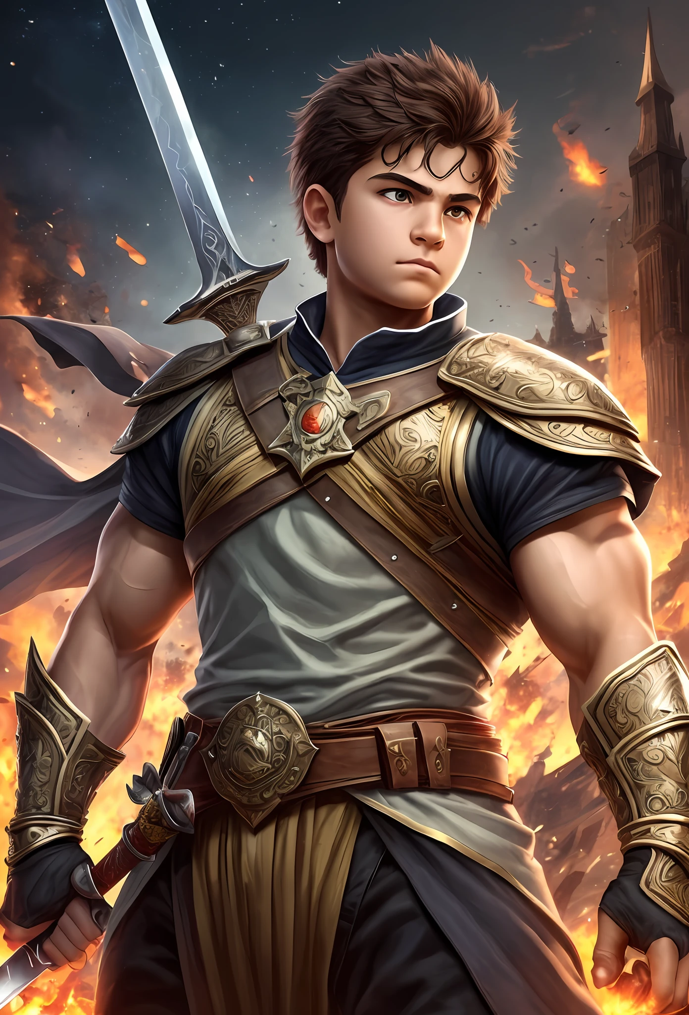 A passionate young boy holding a massive sword with both hands. He exudes determination and confidence, with a gleam of excitement in his eyes. His grip on the sword is firm, showcasing his strength and readiness for action. The sword itself could be adorned with intricate details, reflecting its power and significance. The young boy might be standing in a heroic pose, ready to embark on a noble quest or protect others with his formidable weapon. --auto --s2