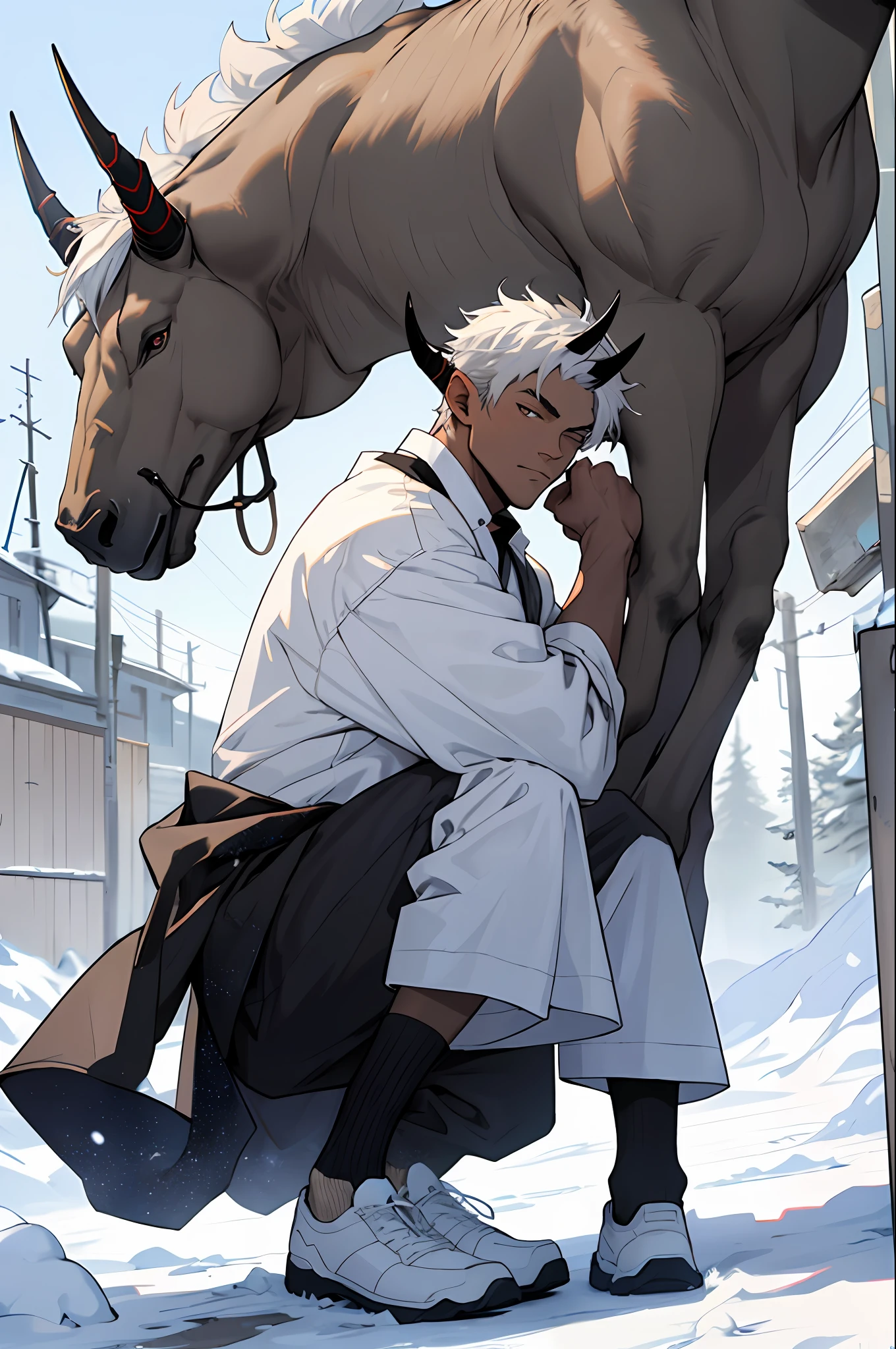 Draw an artistic, masterpiece, short white hair, horns on the head, dark skin and cold handsome boy in white socks