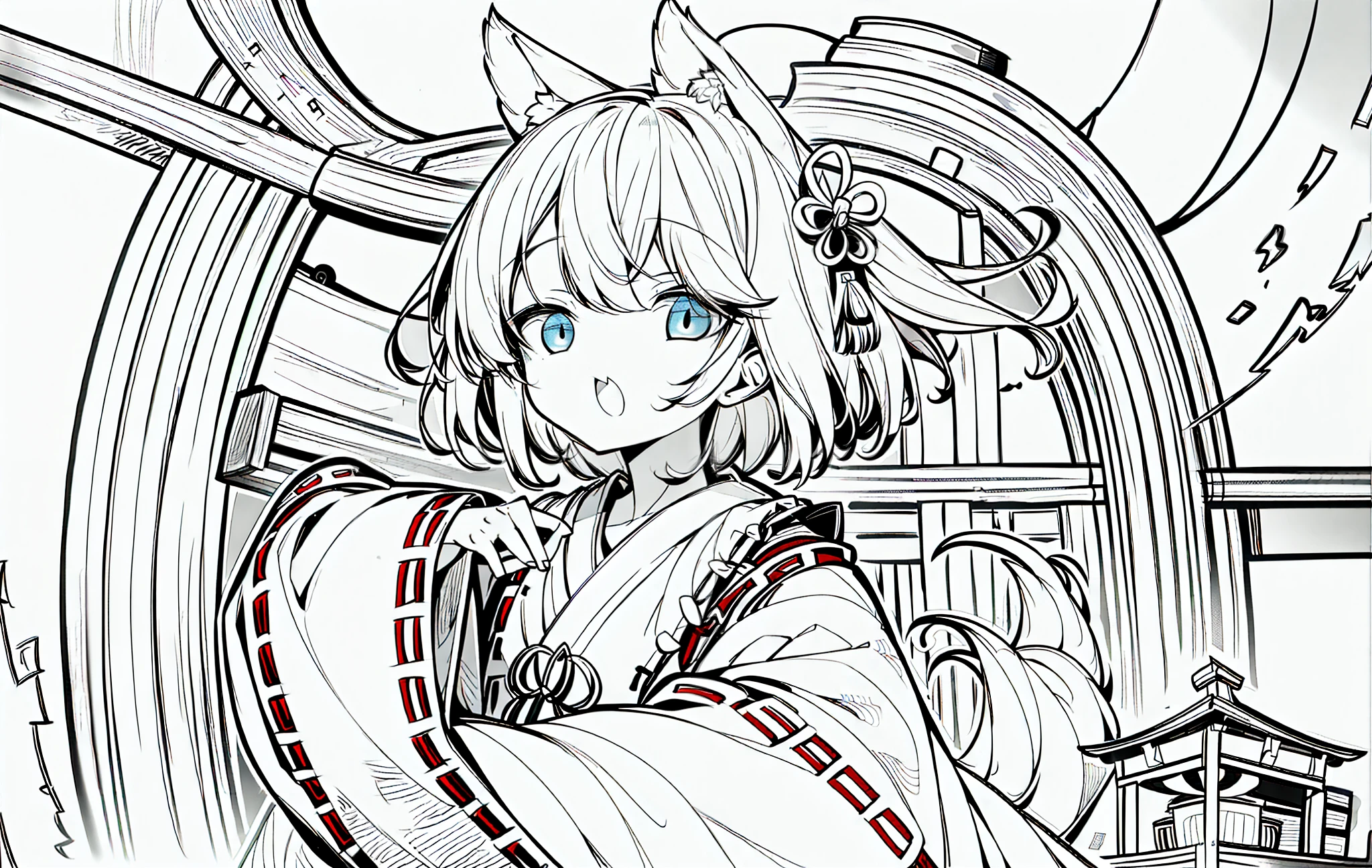 1loli,fox ears,miko,small chest,shrine maiden,from side,line art,cute pose,white background,hand on mouth,open mouth,empty eyes