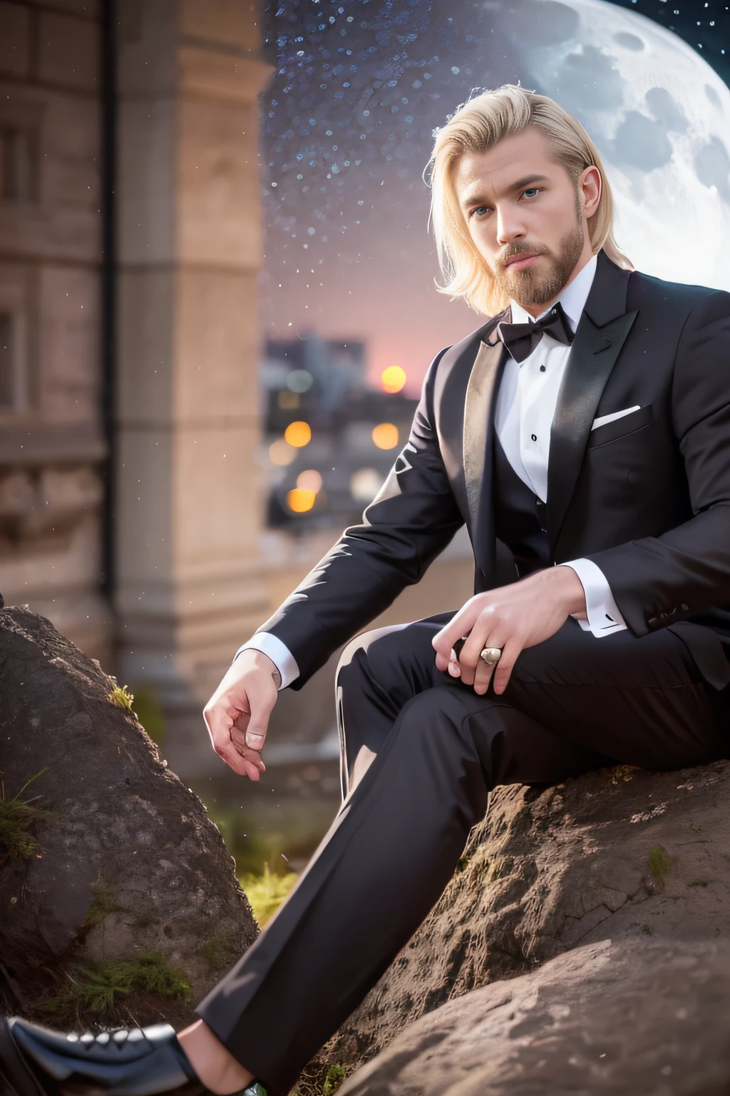 work of art. Portrait of a handsome man with (blond) hair. Dressed in (black tuxedo). At night with moon llena.de foot on a rock over beautiful views of Paris. Photorealistic, Hyperdetailed,High Quality,8K