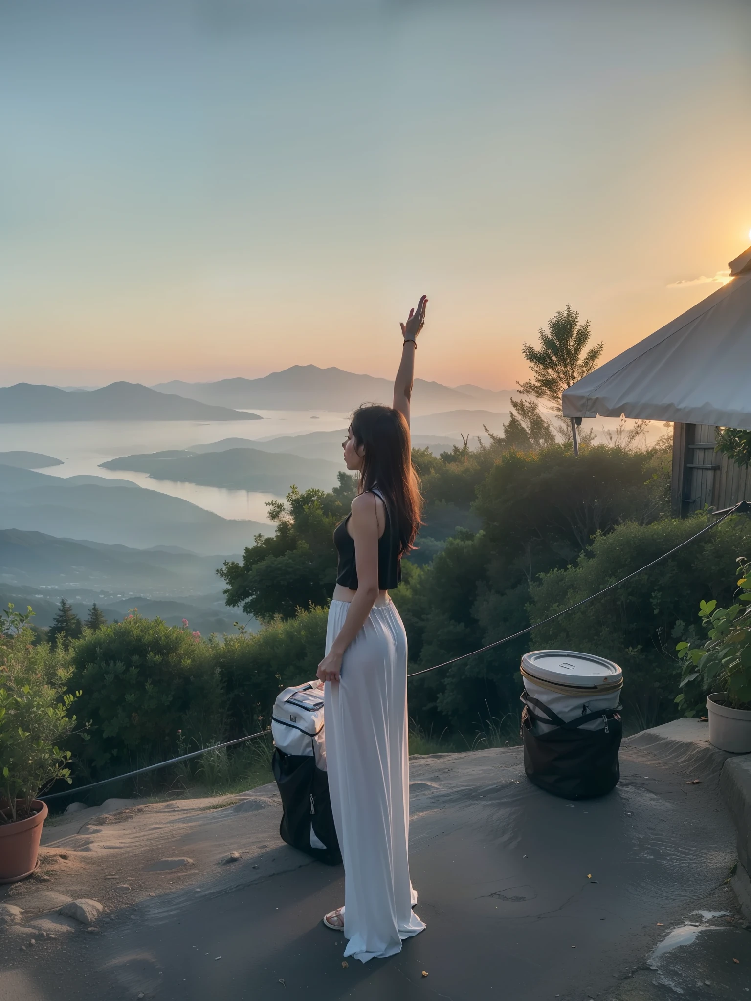there is a woman standing on a hill with her arms up, paradise in the background, sunset view, during sunset, with sunset, great view, at sunrise, during sunrise, girl standing on mountain, with mountains in the background, during a sunset, summer evening, at a beautiful sunset, at golden hour, nice view, evening sunset, at the sunset