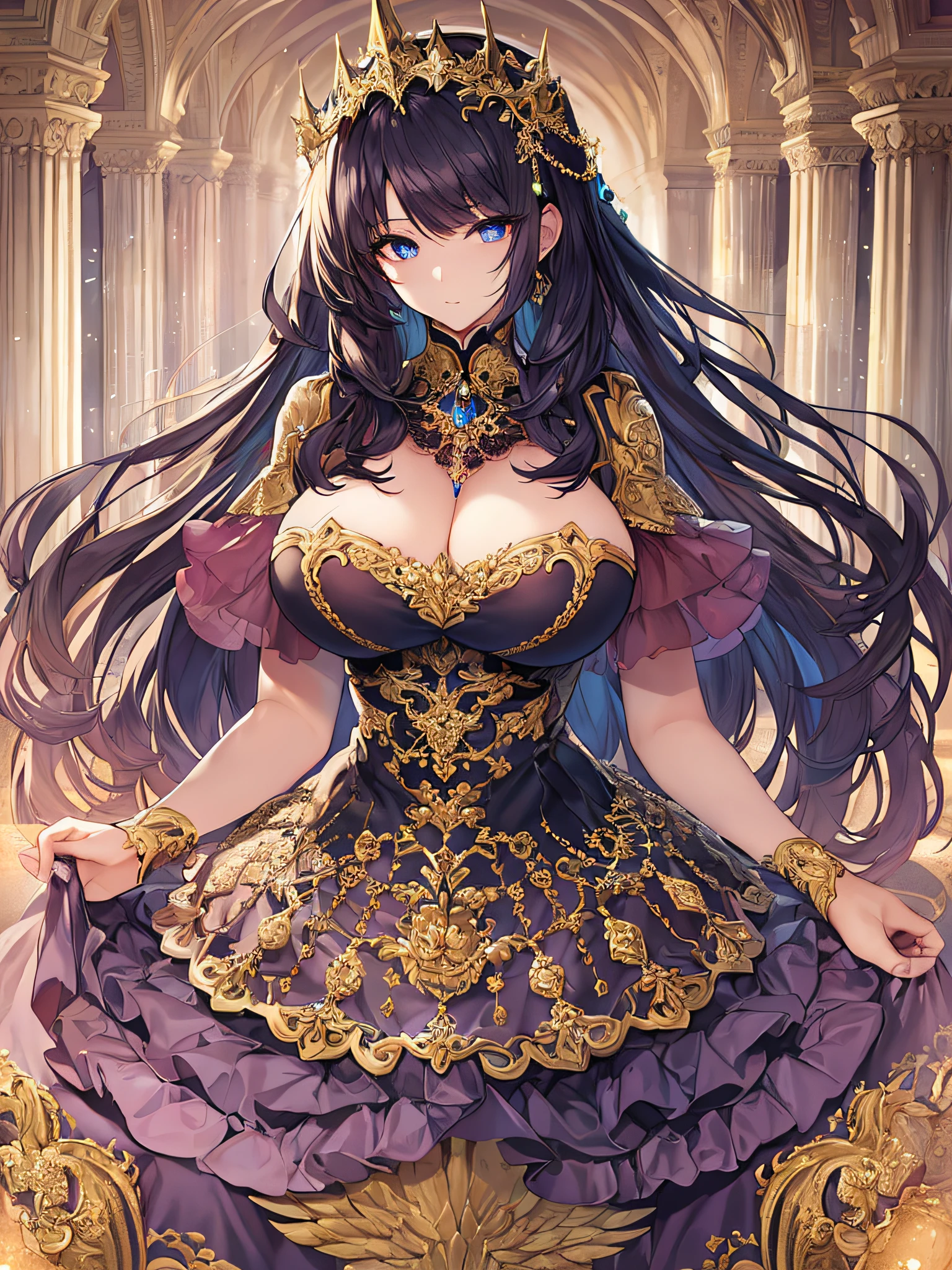 ((anime moe artstyle)),(Masterpiece),(Best Quality), (Super Detail),Illustration,((Very Delicate and Beautiful)),Focus on character,Dynamic Angle,Looking at viewer,(((Solo))),((Full body)),(((one gorgeous princess in ball gown with a voluminous skirt))),detailed face and eyes,jewel-like eyes,((Very Long Hair)),(gorgeous embroidery and lace),See-through,ornate ruffles,(gigantic breasts,Long breasts),(gorgeous ball gown with a voluminous skirt),