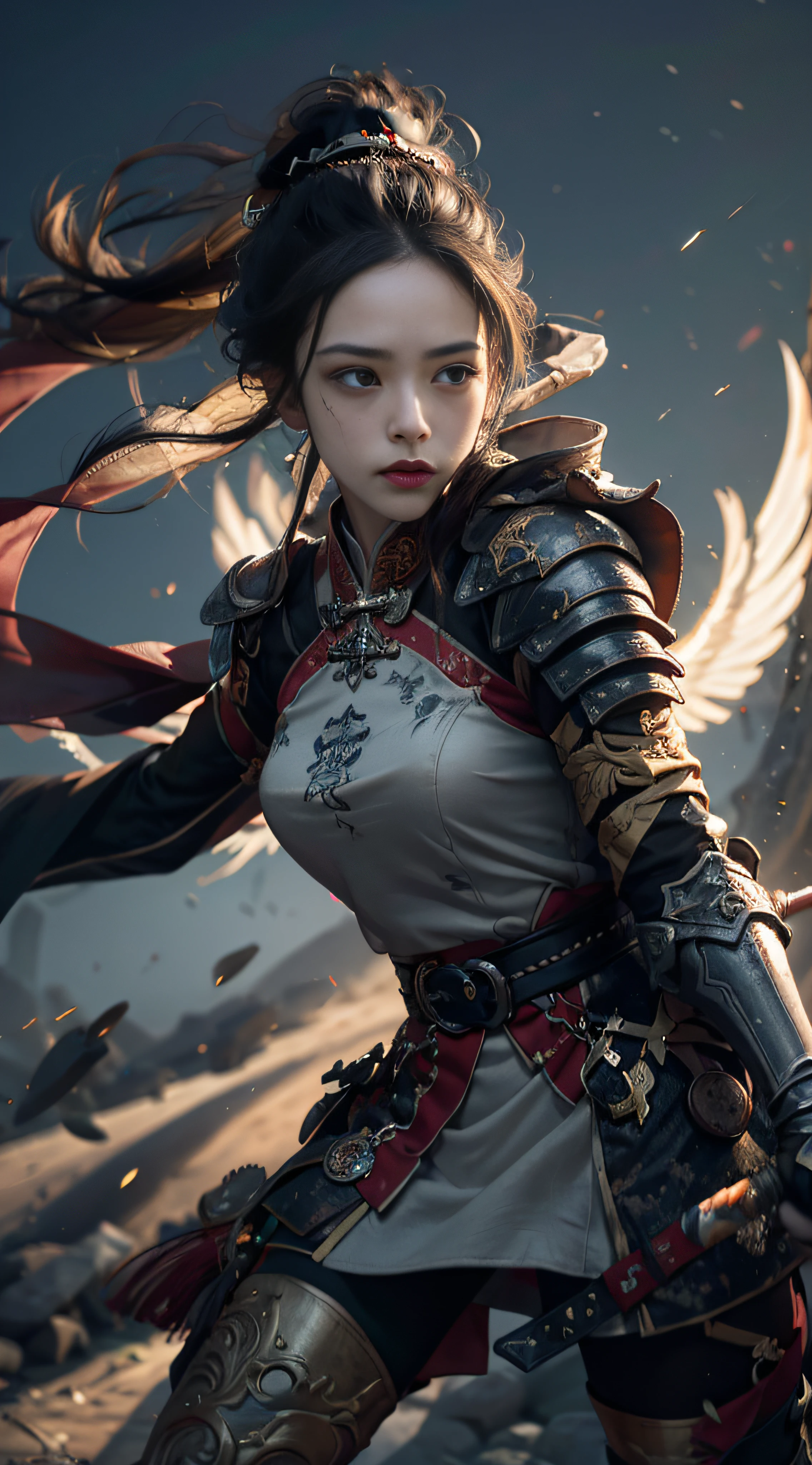 (Positive Focus), (In the Dark: 1), (Best Quality), Movie Poster, Highly Detailed, 8k Wallpaper, Volume Lighting, Dynamic Lighting, A Girl, Long Black Hair, Ponytail, Black Metal Armor, Red Belt, Black Armor, Shoulder Armor, Waist Guard, Hand Guard, Veil, Holding a Long Sword in front of Body, Ancient Chinese Style, Battle Stance, Lots of Blood, Blood Stains on Face, Clothes Damaged, Ancient Chinese Battlefield, Ancient Chinese Soldiers, Arrows Flying, War, Night, Dramatic Composition, Sword qi surrounding, rich picture detail, war, movie lighting,