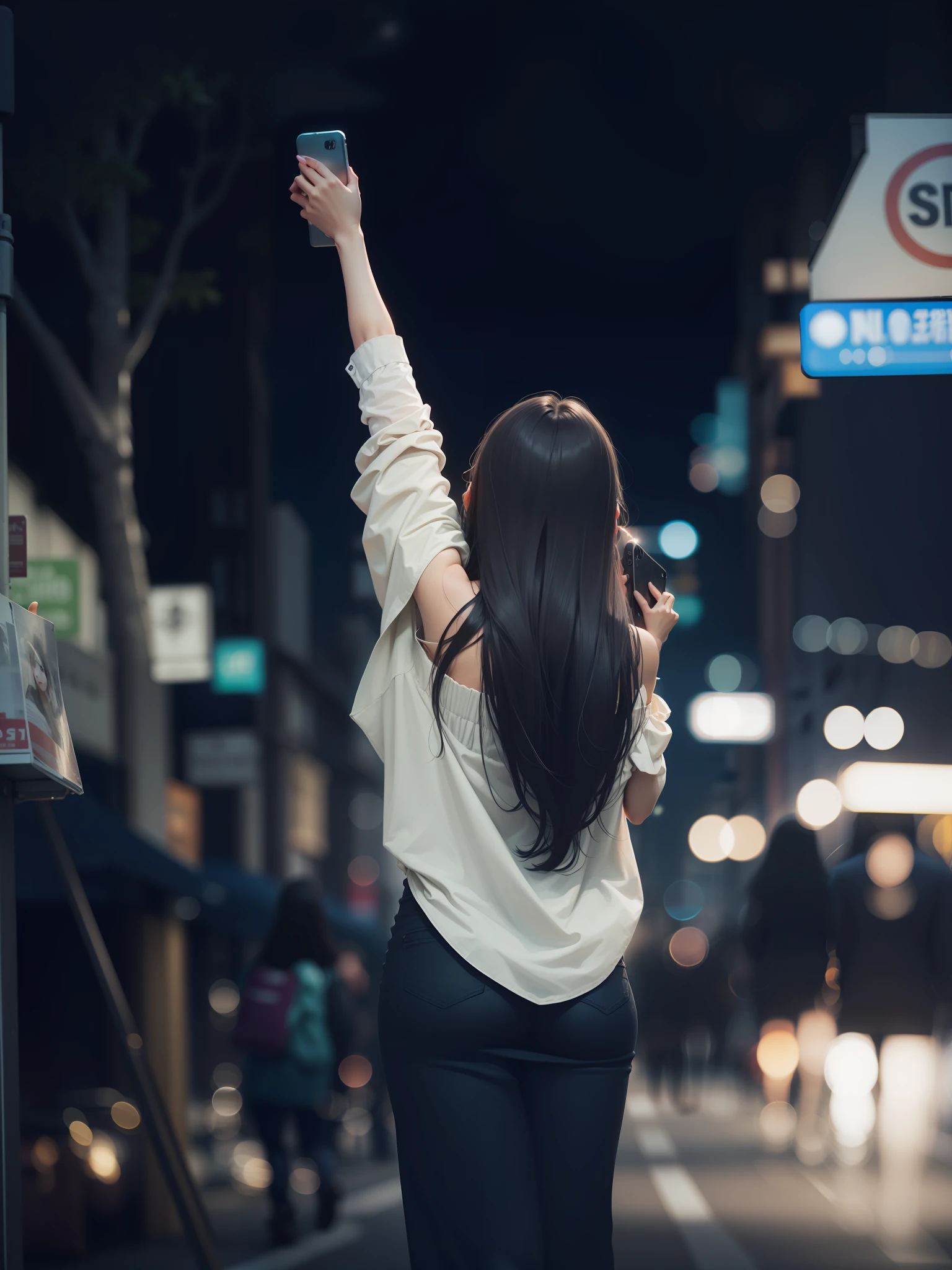 woman taking a picture of a street sign with her cell phone, with arms up, asian girl with long hair, long hair girl, infp young woman, calm night. over shoulder shot, her back is to us, at nighttime, on a street at night, in city street at night, night-time, night - time, arms outstretched
