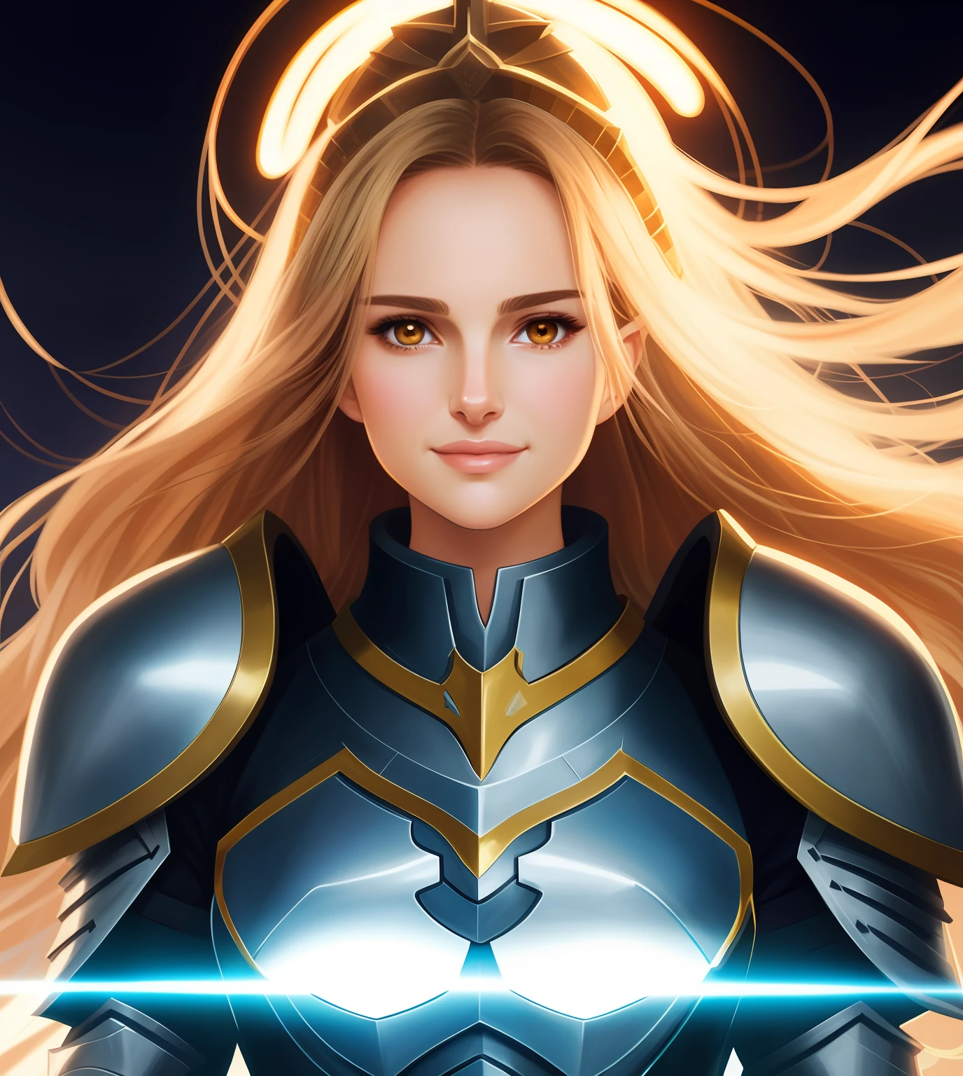 close up photo of a woman,beautiful anime style woman,natalie portman, in armor with sword and shield posing for a picture, beautiful female knight, portrait knight female, girl in knight armor, of a beautiful female knight, portrait of female paladin, portrait knights of zodiac girlbronze chest armor,front stance,cowboy stance,smiling,happy face,golden hair,looking at camera,full frontal pose, flat color, wide angle, clean detailed face, intracate clothing, analogous colors, glowing shadows, beautiful gradient, depth of field, clean image, high quality, high detail, high definition, armor girl, gorgeous female paladin, artgerm. anime illustration, alluring elf princess knight, rossdraws 1. 0Luminous Studio graphics engine, cute face, slim waist, nice hips,