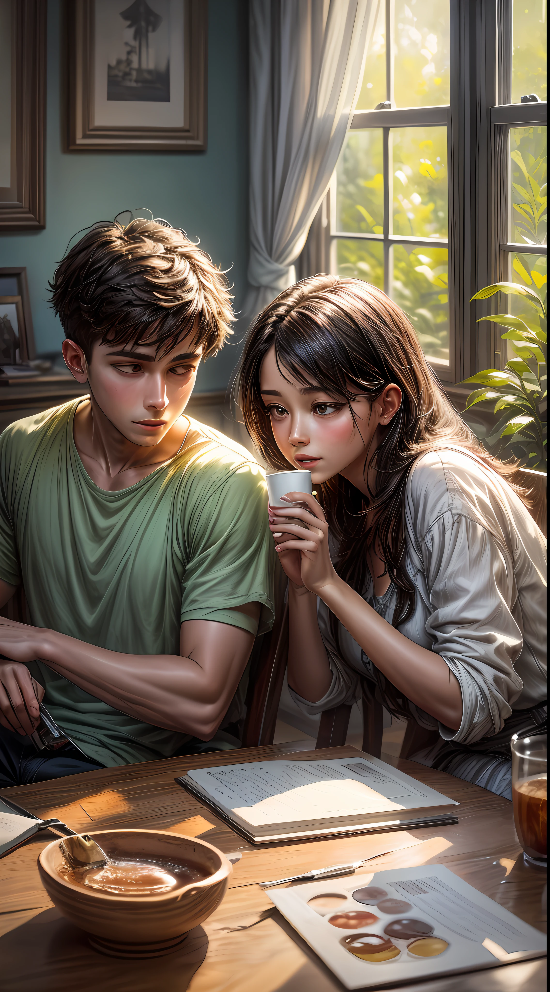 A dreamy painting that portrays a boy and a girl immersed in conversation, sipping coffee in a cozy living room surrounded by lush greenery. Sunlight filters through large windows, casting a soft glow on their faces, illuminating the room with a tranquil ambiance. The brushstrokes are loose and expressive, capturing the warmth and intimacy of the moment, painted with acrylics on canvas using a palette knife for texture and vibrant colors,