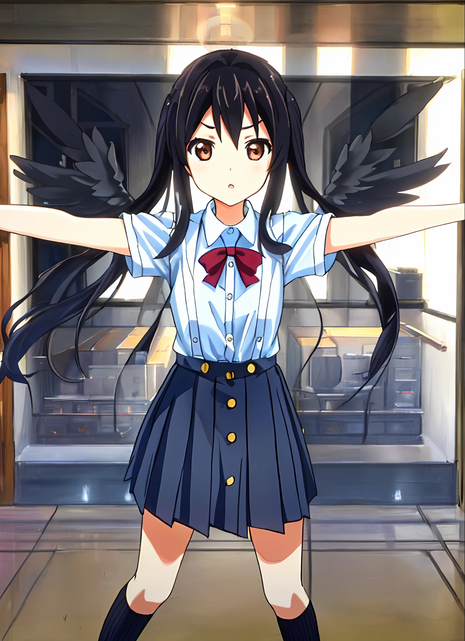 1girl, ((((Masterpiece))), Best Quality, Best Quality, High Detail, Azusa Nakano, 1girl, Sakuragaoka High School Uniform, Musical Instrument, School Uniform, Twin Tails, Long Hair, Black Hair, Brown Eyes, Solo, Red, Dark blue blazer with a thin ribbon of red, Solid white button shirt under blazer, Illustration, Cartoon, Soothing tones, Muted colors, Soft cinematic light, Adobe Lightroom, Photo Lab, HDR, complex and highly detailed, (((depth of field))))). (((Masterpiece))). (((highest quality))).) ((super detail))). (Illustration)).Spread your arms.Stretch your chest.Despair.Night.Angel wings.Small breasts.