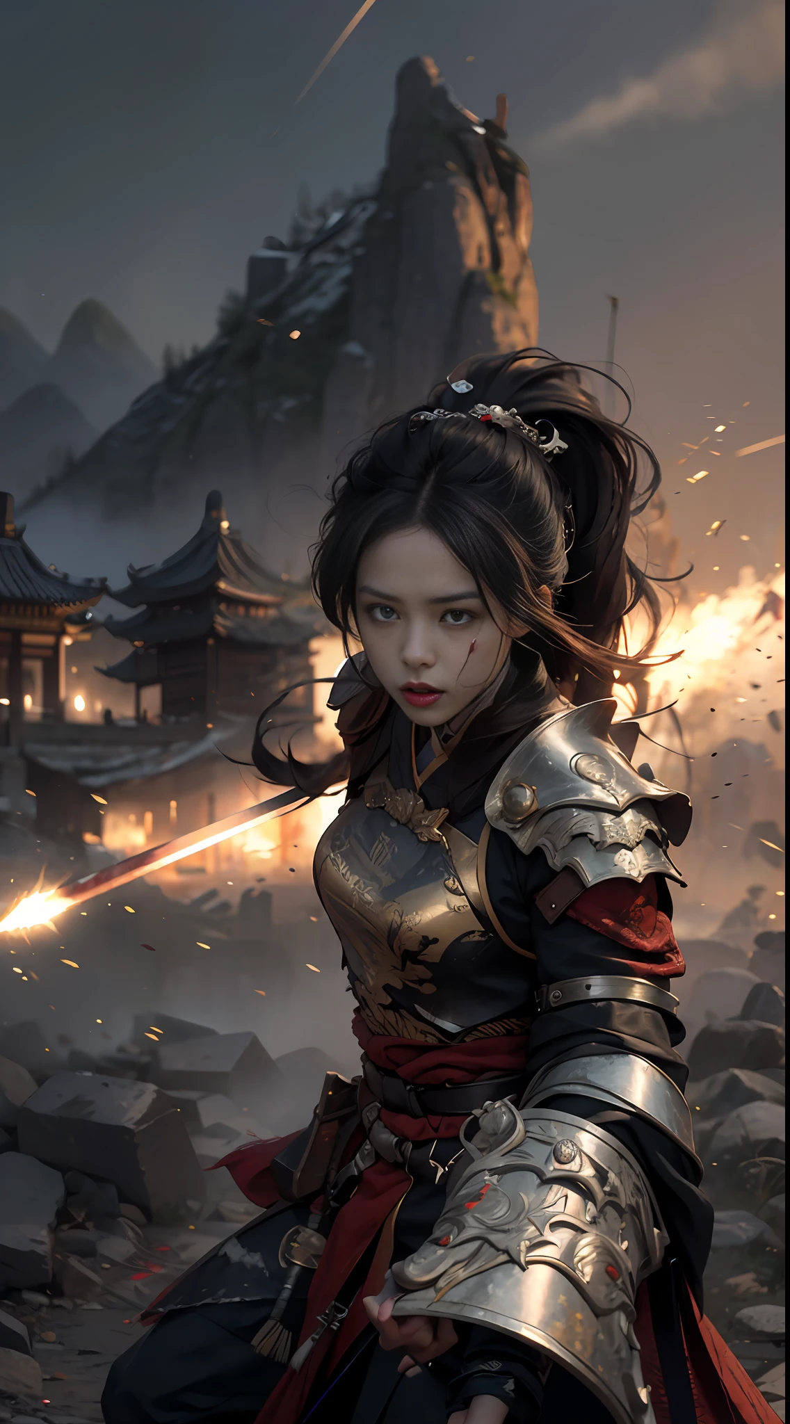 (Positive Focus), (In the Dark: 1), (Best Quality), Movie Poster, Highly Detailed, 8k Wallpaper, Volume Lighting, Dynamic Lighting, A Girl, Long Black Hair, Ponytail, Black Metal Armor, Red Belt, Black Armor, Shoulder Armor, Waist Guard, Hand Guard, Veil, Holding a Long Sword in front of Body, Ancient Chinese Style, Battle Stance, Lots of Blood, Blood Stains on Face, Clothes Damaged, Ancient Chinese Battlefield, Ancient Chinese Soldiers, Arrows Flying, War, Night, Dramatic Composition, Sword qi surrounding, rich picture detail, war, movie lighting,