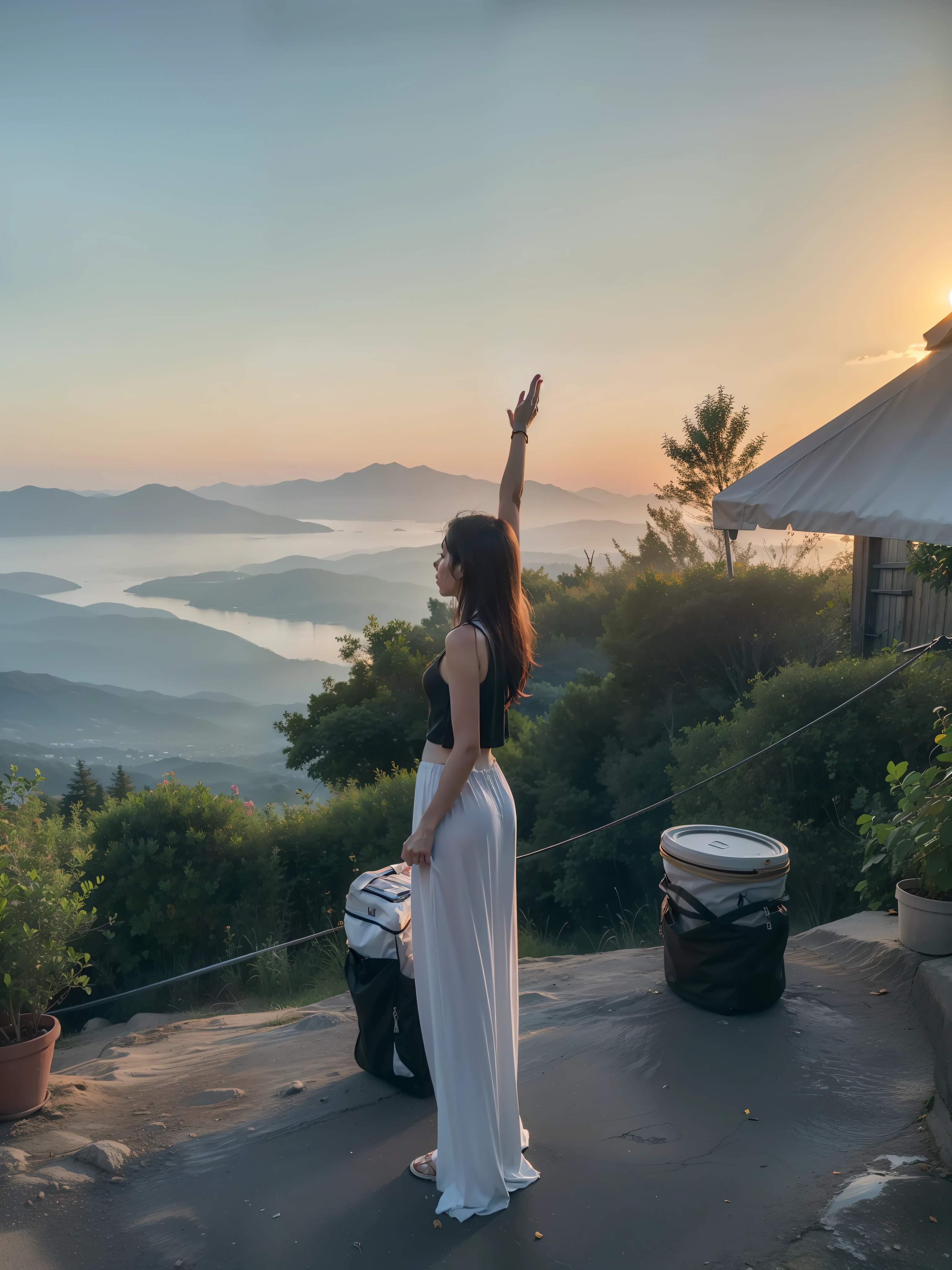 there is a woman standing on a hill with her arms up, paradise in the background, sunset view, during sunset, with sunset, great view, at sunrise, during sunrise, girl standing on mountain, with mountains in the background, during a sunset, summer evening, at a beautiful sunset, at golden hour, nice view, evening sunset, at the sunset