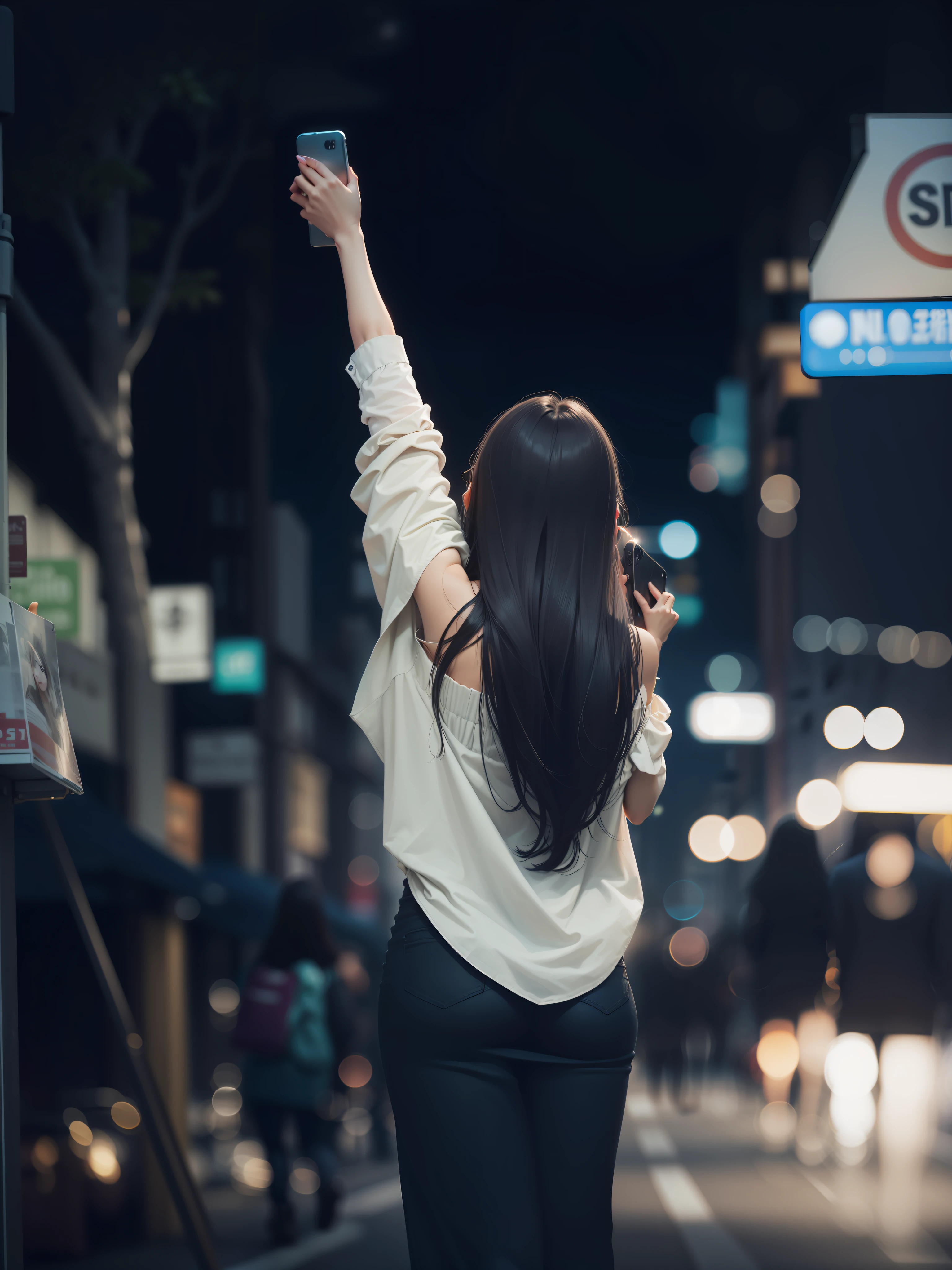 woman taking a picture of a street sign with her cell phone, with arms up, asian girl with long hair, long hair girl, infp young woman, calm night. over shoulder shot, her back is to us, at nighttime, on a street at night, in city street at night, night-time, night - time, arms outstretched