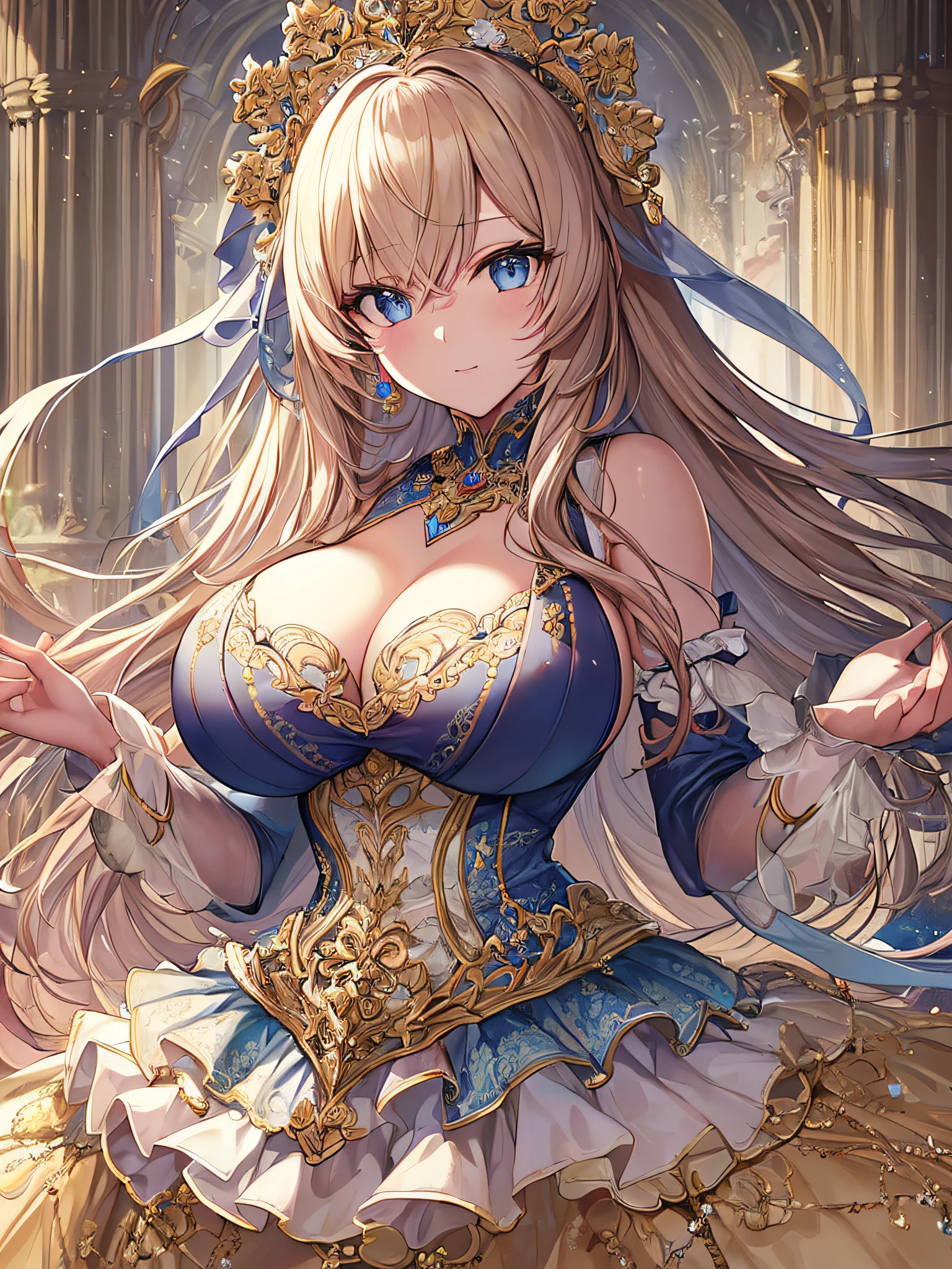 ((anime moe artstyle)),(Masterpiece),(Best Quality), (Super Detail),Illustration,((Very Delicate and Beautiful)),Focus on character,Dynamic Angle,Looking at viewer,((Solo)),((full body)),(((one gorgeous princess in ballgown with voluminous skirt))),detailed face and eyes,jewel-like eyes,((Very Long Hair)),(gorgeous embroidery and lace),See-through,ornate ruffles,(gigantic breasts,Long breasts),(gorgeous ballgown with voluminous skirt),