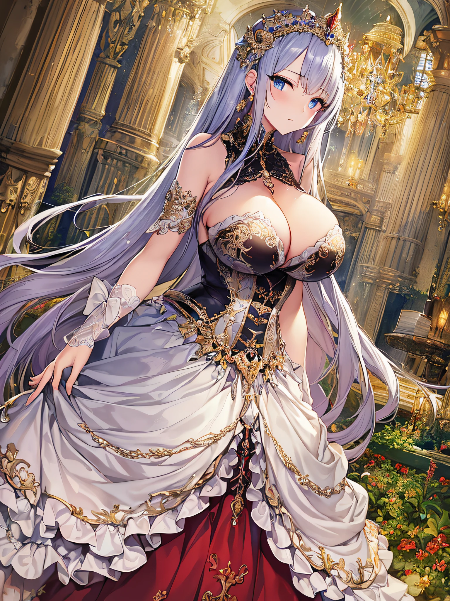 ((anime moe artstyle)),(Masterpiece),(Best Quality), (Super Detail),Illustration,((Very Delicate and Beautiful)),Focus on character,Dynamic Angle,Looking at viewer,((Solo)),((full body)),(((one gorgeous princess in ballgown with voluminous skirt))),detailed face and eyes,jewel-like eyes,((Very Long Hair)),(gorgeous embroidery and lace),See-through,ornate ruffles,(gigantic breasts,Long breasts),(gorgeous ballgown with voluminous skirt),