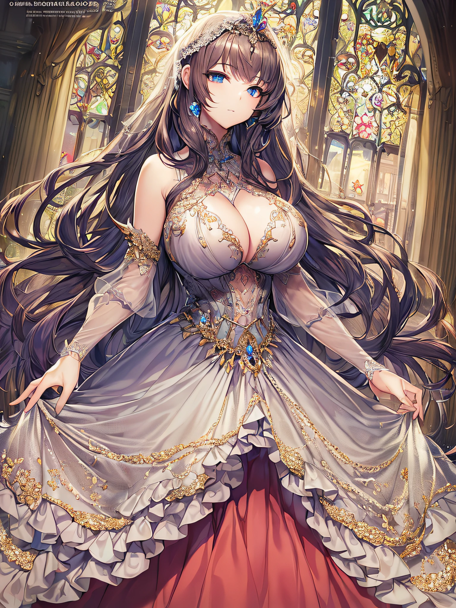 ((anime moe artstyle)),(Masterpiece),(Best Quality), (Super Detail),Illustration,((Very Delicate and Beautiful)),Focus on character,Dynamic Angle,Looking at viewer,((Solo)),((full body)),(((one gorgeous princess in ballgown with voluminous skirt))),detailed face and eyes,jewel-like eyes,((Very Long Hair)),(gorgeous embroidery and lace),See-through,ornate ruffles,(gigantic breasts,Long breasts),(gorgeous ballgown with voluminous skirt),