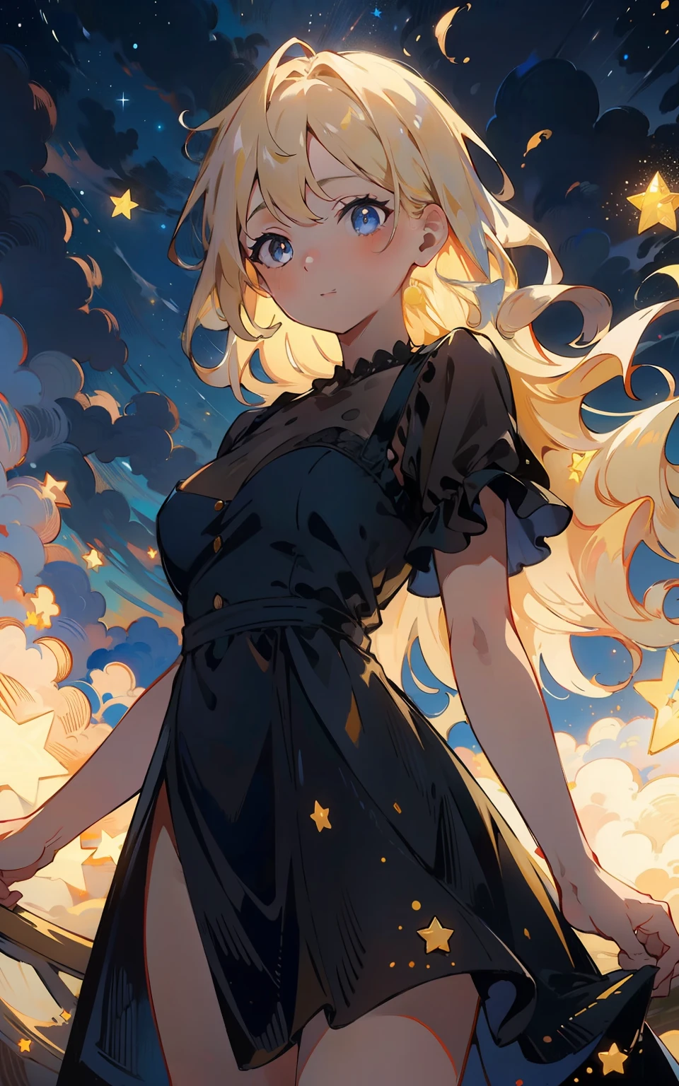 star,starlight,masterpiece,best quality,HDR.UHD.4K,8K,64K,Highly detailed,ultra-finepainting,extreme detail description,Professional, 1girl, volumetric light, 1 girl, blonde hair,medium breast, long hair, best quality, illustration, beautiful detailed eyes, pose, black dress, starry sky,