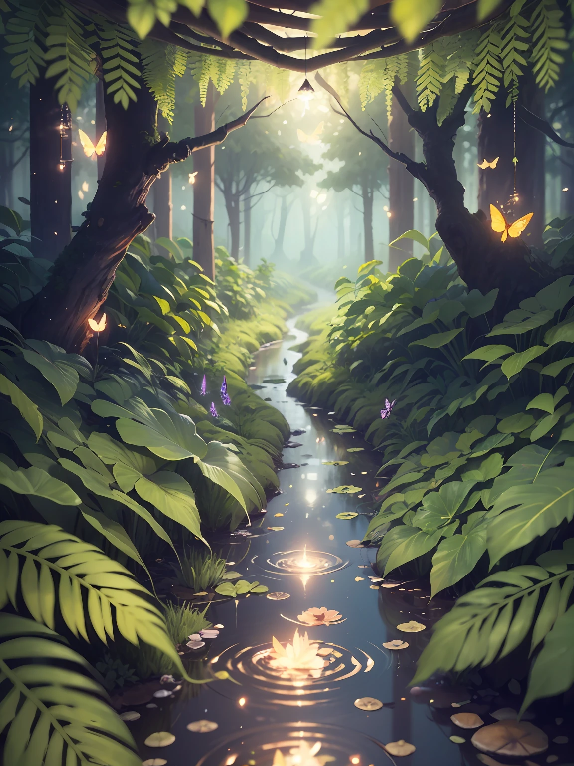 Masterpiece, best quality, extremely beautiful reflection, best reflection. (Very detailed CG unity 8k wallpaper), (best quality), (best illustration), (best shadow), girl, silk, slime, delicate makeup, forest theme with natural elements. Tall trees, quiet streams, glowing small mushrooms, surrounded by delicate leaves and branches, and fireflies and glowing particle effects, (natural elements), (jungle theme), (leaves), (branches), (fireflies), butterflies, (delicate leaves), (glow), (particle effects). , isometric 3D, Octane rendering, ray tracing, super detailed