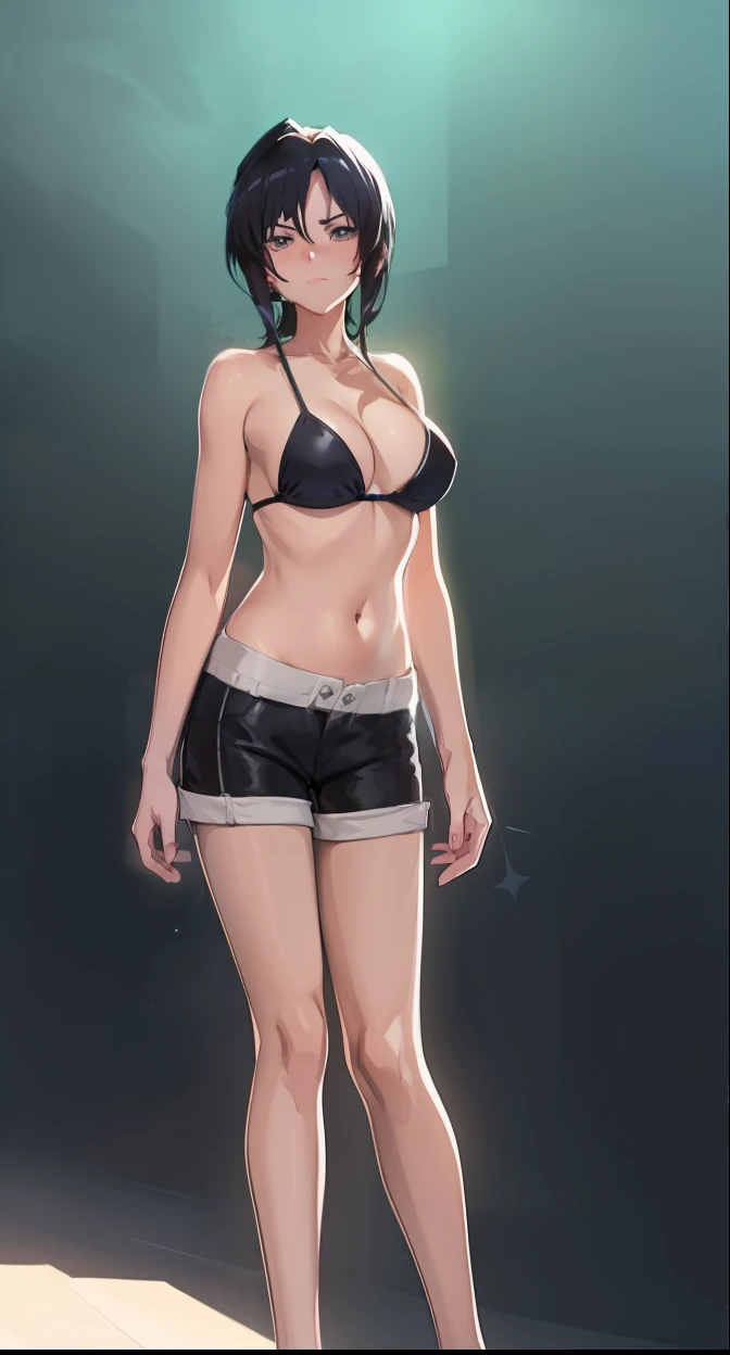 Cartoon of a woman in a bikini top and shorts with a purse, of frontline girls, front line style girls, fine details. front line girls, thigh focus, seductive anime girl, revealing outfit, moody scene noire, ecchi anime style, cell shaded adult animation, SFW Version, (sfw) safe for work, Varied positions, big breasts, black hair
