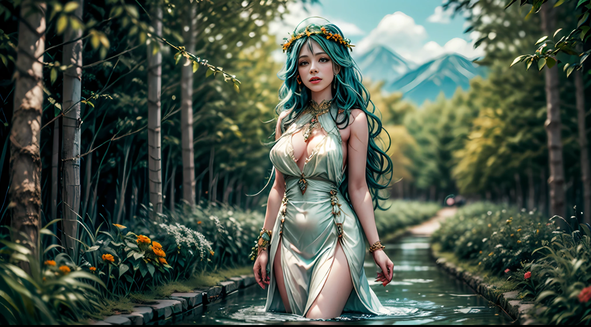 a tall mature (summer_nymph:1.33), standing, vibrant, long wavy hair, aqua blue eyes, full lips, blush makeup, (sun kissed skin:1.12), (flower crown:1.28), (flowing summer dress:1.15), delicate, (hourglass figure:1.08), barefoot, gleaming smile, subtle wink,
(intricate_garden:1.14), blooming flowers, lush grass, trailing ivy, stone path, classical gazebo, sunlit, crystal clear pond, (fluttering butterflies:1.22), chirping birds, (distant mountains:1.18),
(warm light:1.12), (vibrant colors:1.10),
(asymmetrical composition:1.09), (rule of thirds:1.17), (soft focus:1.21), (midday sunlight:1.14)
