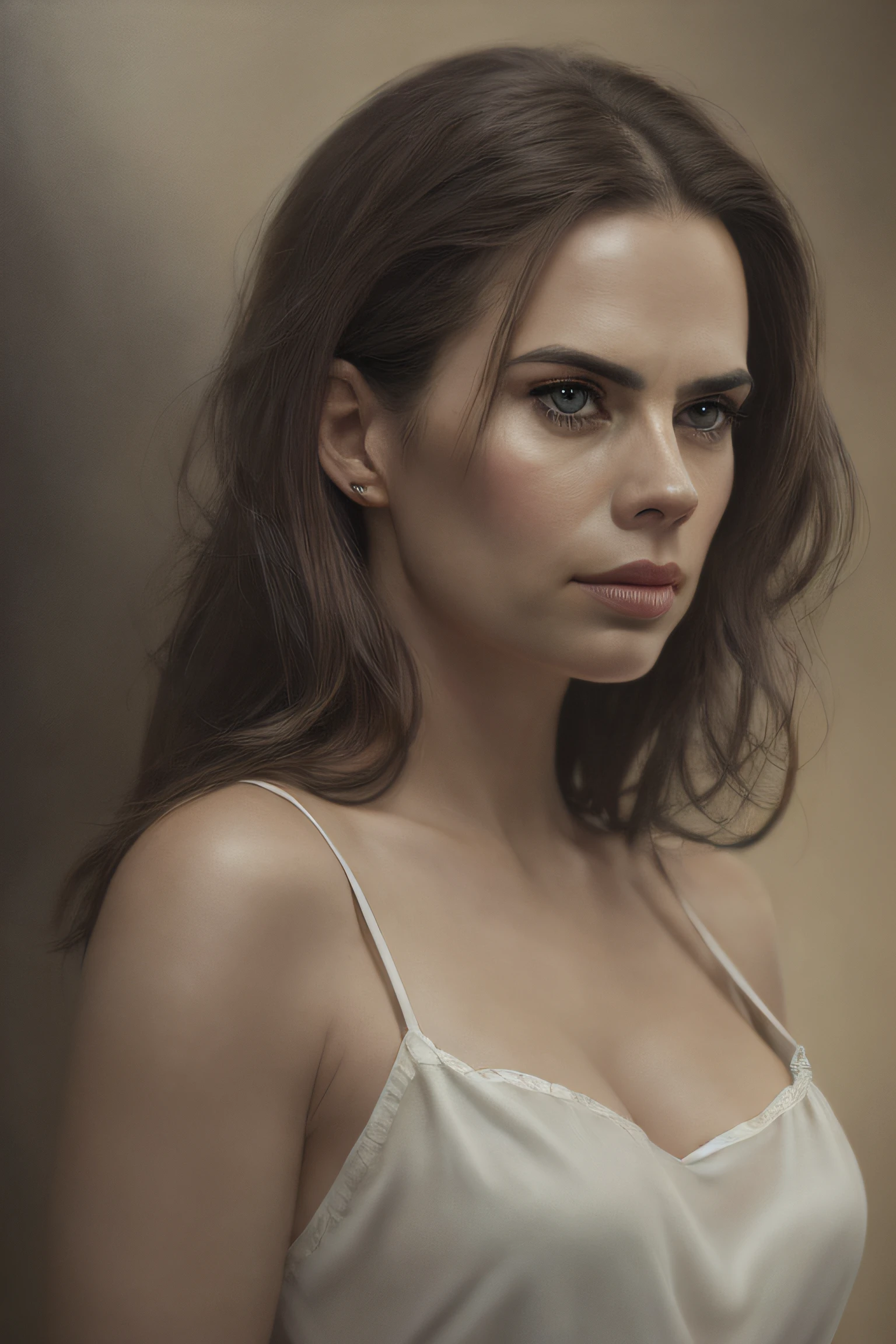(Thirty year old) woman, Hayley Atwell, standing in park, wearing a (chiffon blouse::1.2), dreamy photo, dramatic pose, looking straight at camera, intense stare, slight smile, portrait, detailed skin texture, beautiful landscape, misty, painting by andre kohn. Intricate, 8k, highly detailed, (extremely detailed CG unity 8k wallpaper), ((square jaw)), (well defined jaw), (downturned lips), (detailed anatomy), Hyperrealistic, trending on CGSociety, Intricate, High Detail, Sharp focus, dramatic, volumetric lighting, digital painting, intense, modelshoot style, (extremely detailed CG unity 8k wallpaper), full shot body photo of the most beautiful artwork in the world, pearl skin, by Jeremy Mann, trending on ArtStation, photorealistic painting art by midjourney