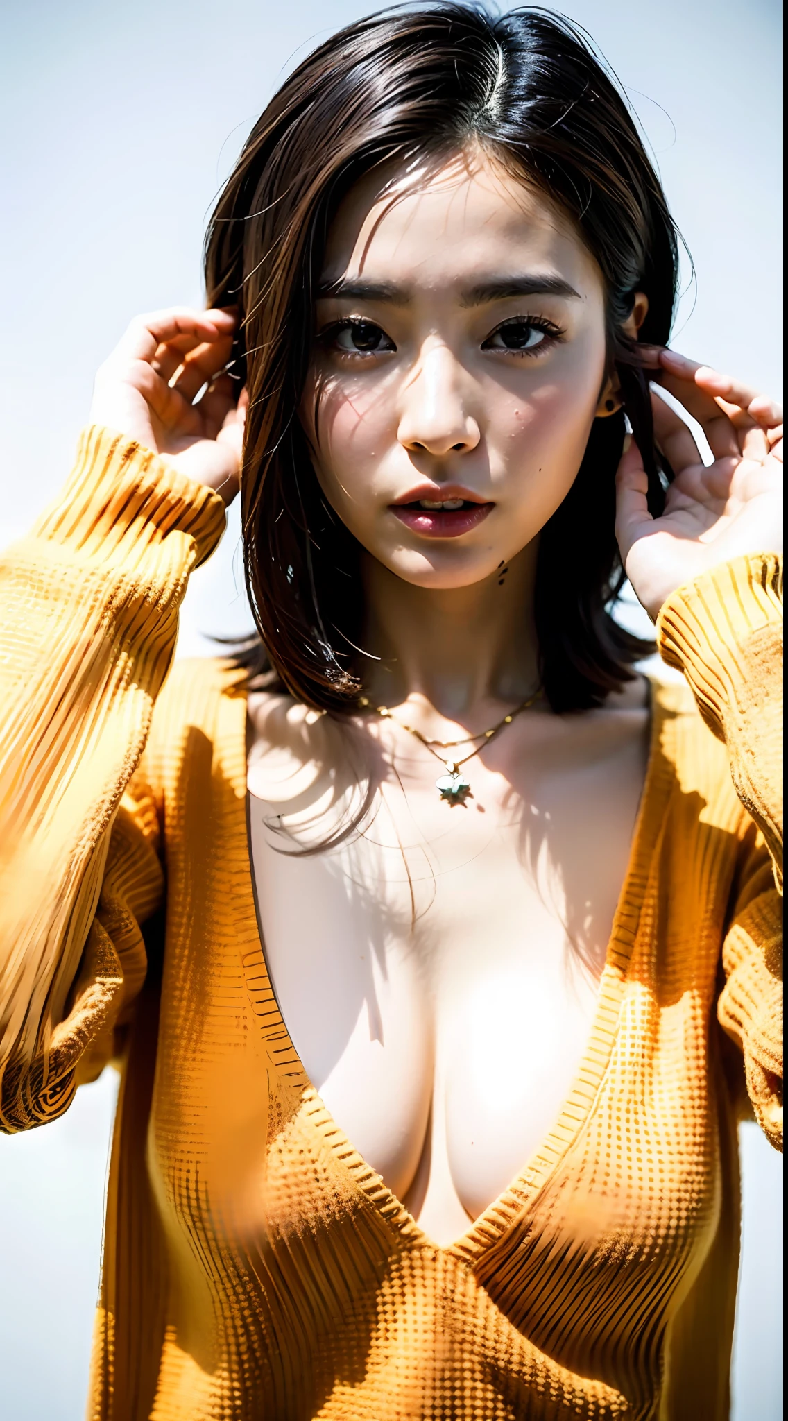 (The Highest Quality, 8k, 32k, masuterpiece, ws:1.2), Photo of PrettyJapanese woman, large breasts, very short bob hair, total body, face focus, Oversized Sweater, necklaces、, simple Backgrounds, from ABOVE, Look at the Viewer,