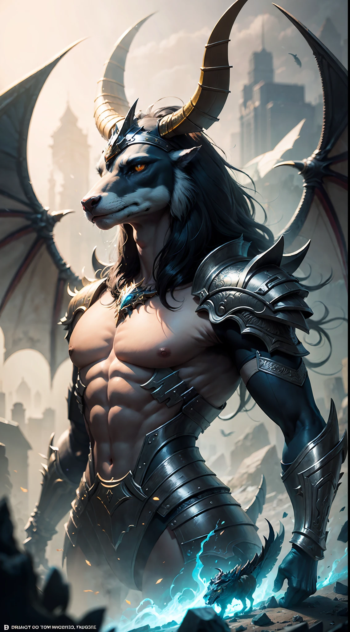 There is a digital painting,The painting is of an animal with a golden head and horns, portrait of dragoon, mystical anubis valkyrie, hyperdetailed fantasy character, cyborg dragon portrait, sleipnir, photo of ghost of anubis, 4 k detail fantasy, trending on polycount, zbrush contest winner, painted in zbrush, ZBRUSH Central competition winner, horse warrior