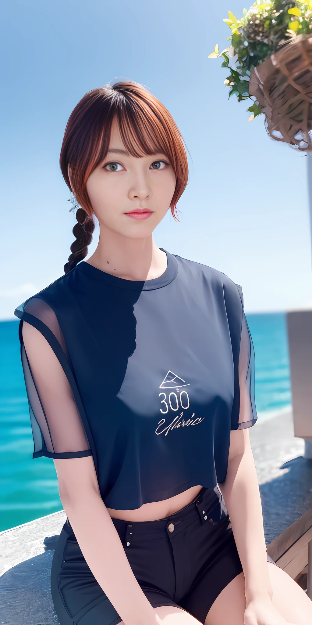 Excellent, masterpiece, brownd hair, Blue Eyes, transparent semi-wet cropped top, Black Shorts, looking at up, upper body, haired、, fair skin, side braids, big breasts, sitting by the sea, shiny thigh
