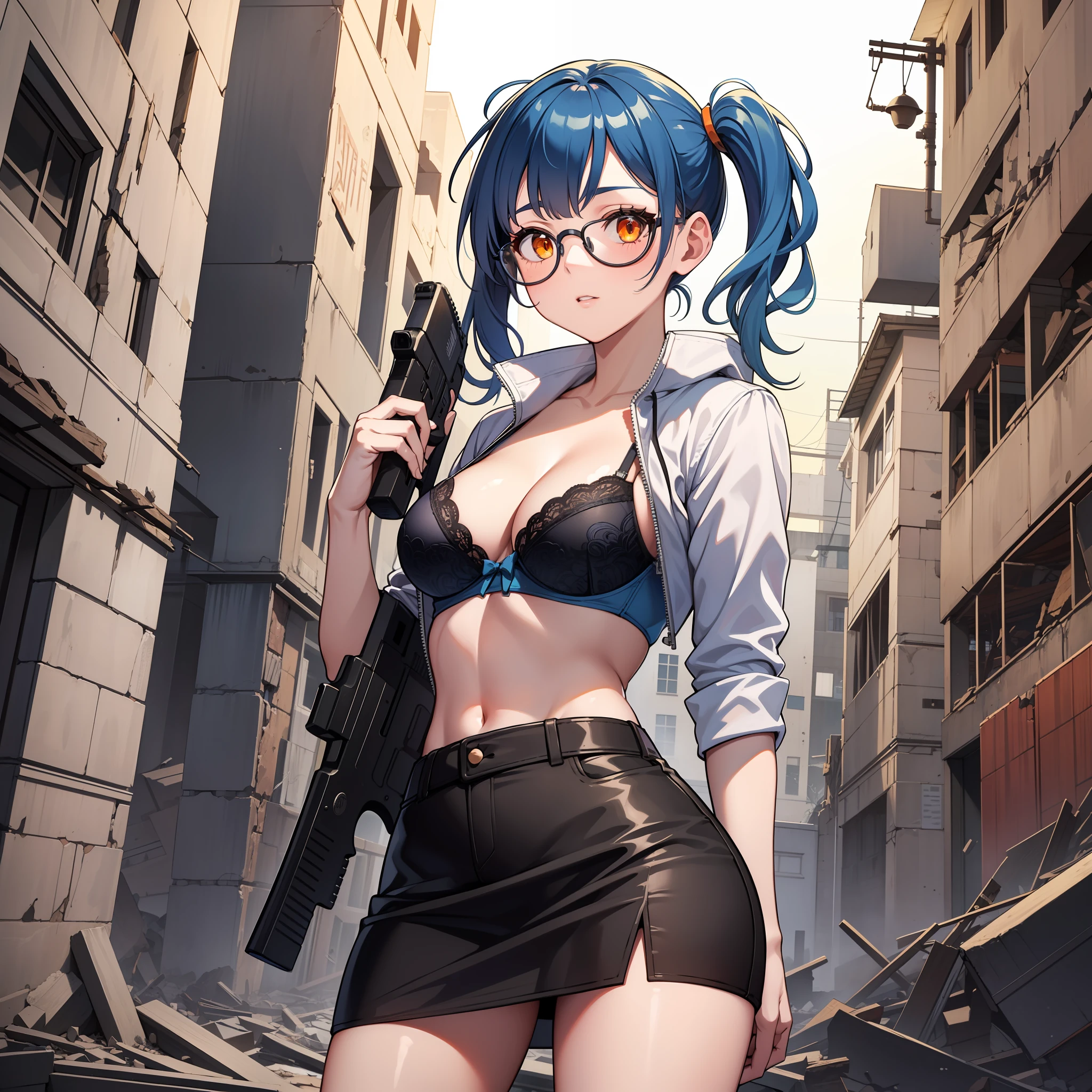 Thirty year old woman, short blue hair With white lines In the middle, in two pigtails, orange eyes, wearing transparent glasses, bra and Black miniskirt, holding a long firearm, Stylized in our ruins