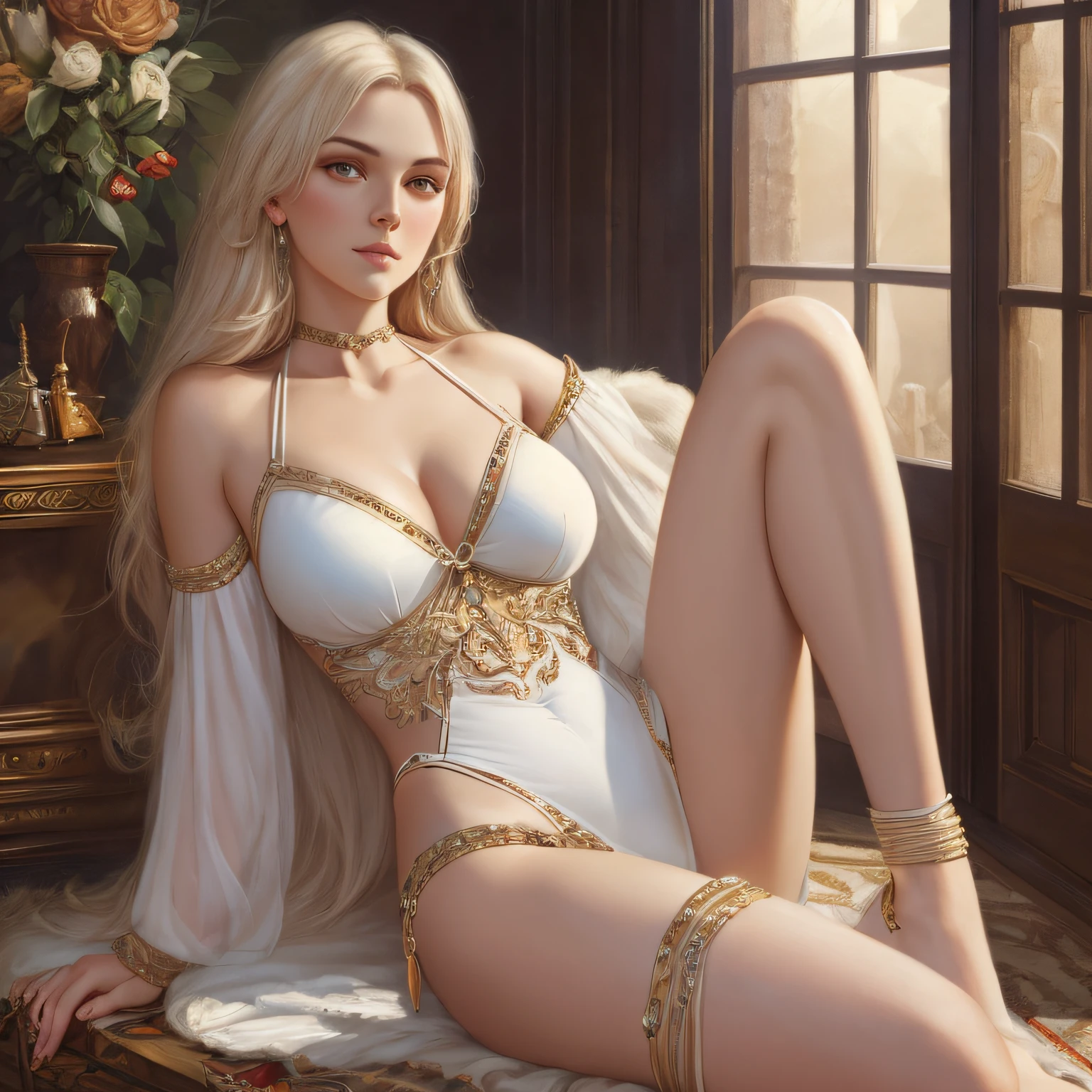 (Hyper-real), (illustartion), (HIGH RES), (8K), (extremely detail), (best illustrations), (Beautifully Detailed Eyes), (best best quality), (super cum-detailliert), (MasterPiece), ( ,desktop wallpaper), (Detailed face), Milky white,fair skin,High Detail skin, Realistic Skin Details, visible pores,(dynamicpose),1 girl,The art of John Collier and Albert Obright and Krenz Kusart and Artem Demura,open shoulders,A shallow smile,Cameltoe,HALF-body, Perfect Scale ,leisure wear