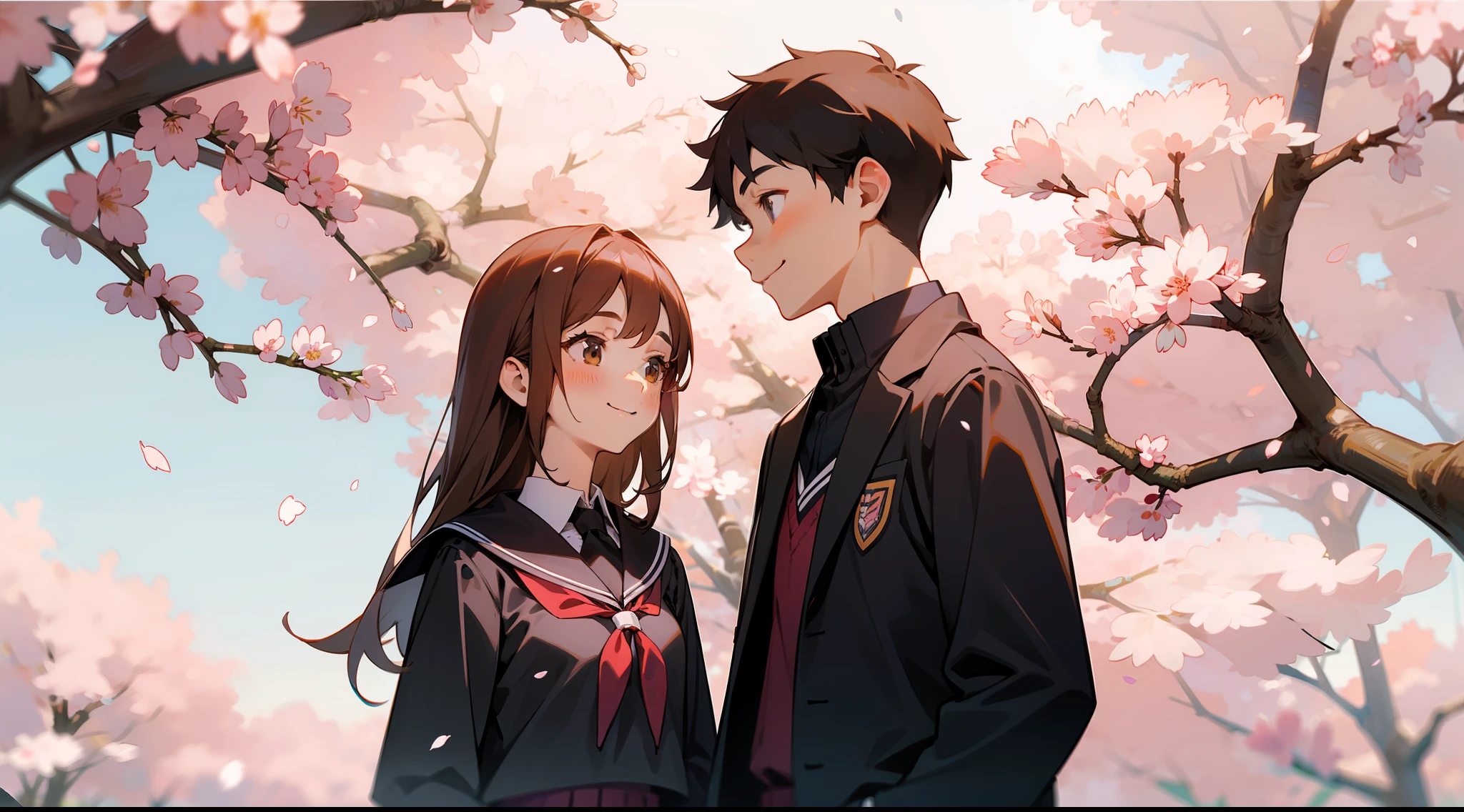 Upper body, middle view, a boy and a girl, student uniform, smiling happily, campus, university, standing under cherry blossom trees, cherry blossoms, petals, sky