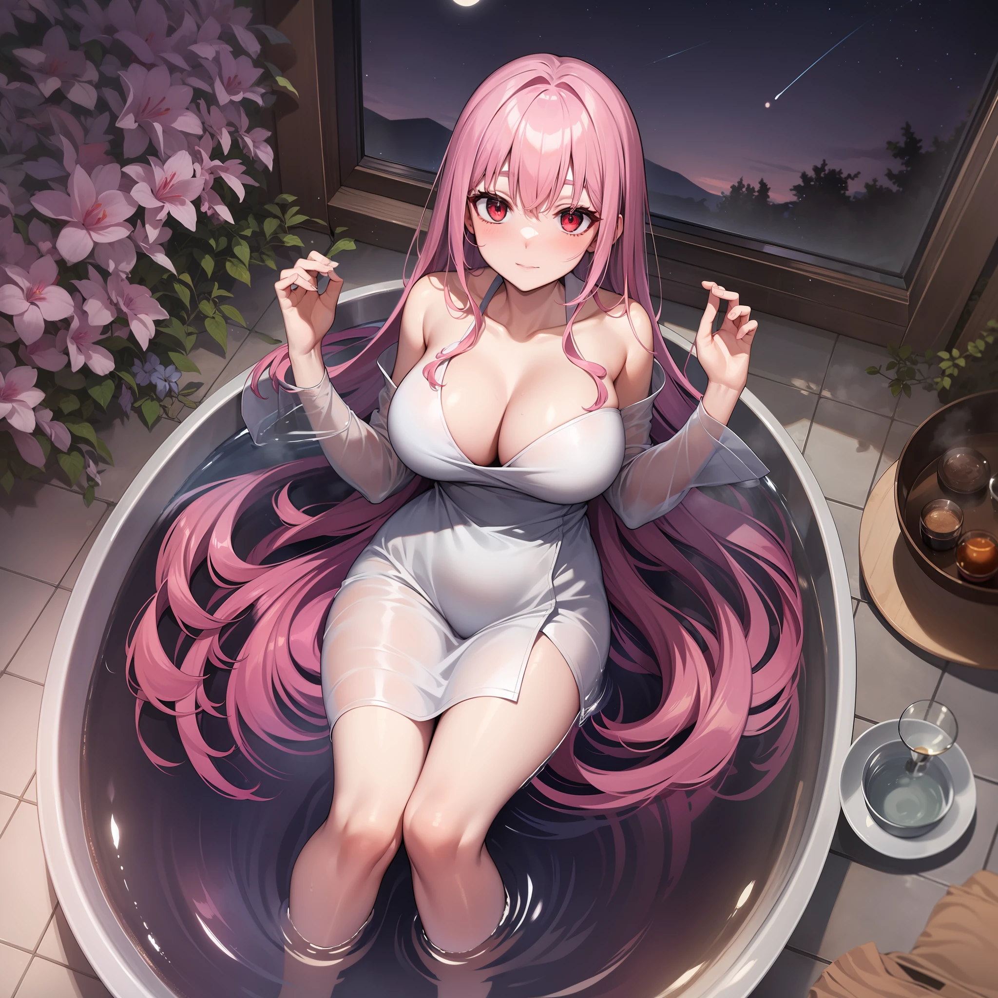 Fine face, long eyelashes, fine eyes, straight hair, (red eyes: 1.3), (pink hair and white mesh: 1.2), large cleavage, slim, angle from above, open-air bath, night, full body, lying on the bench next to the open-air bath, bath towel wrapped around the body, towel is transparent, the moon is reflected in the bath